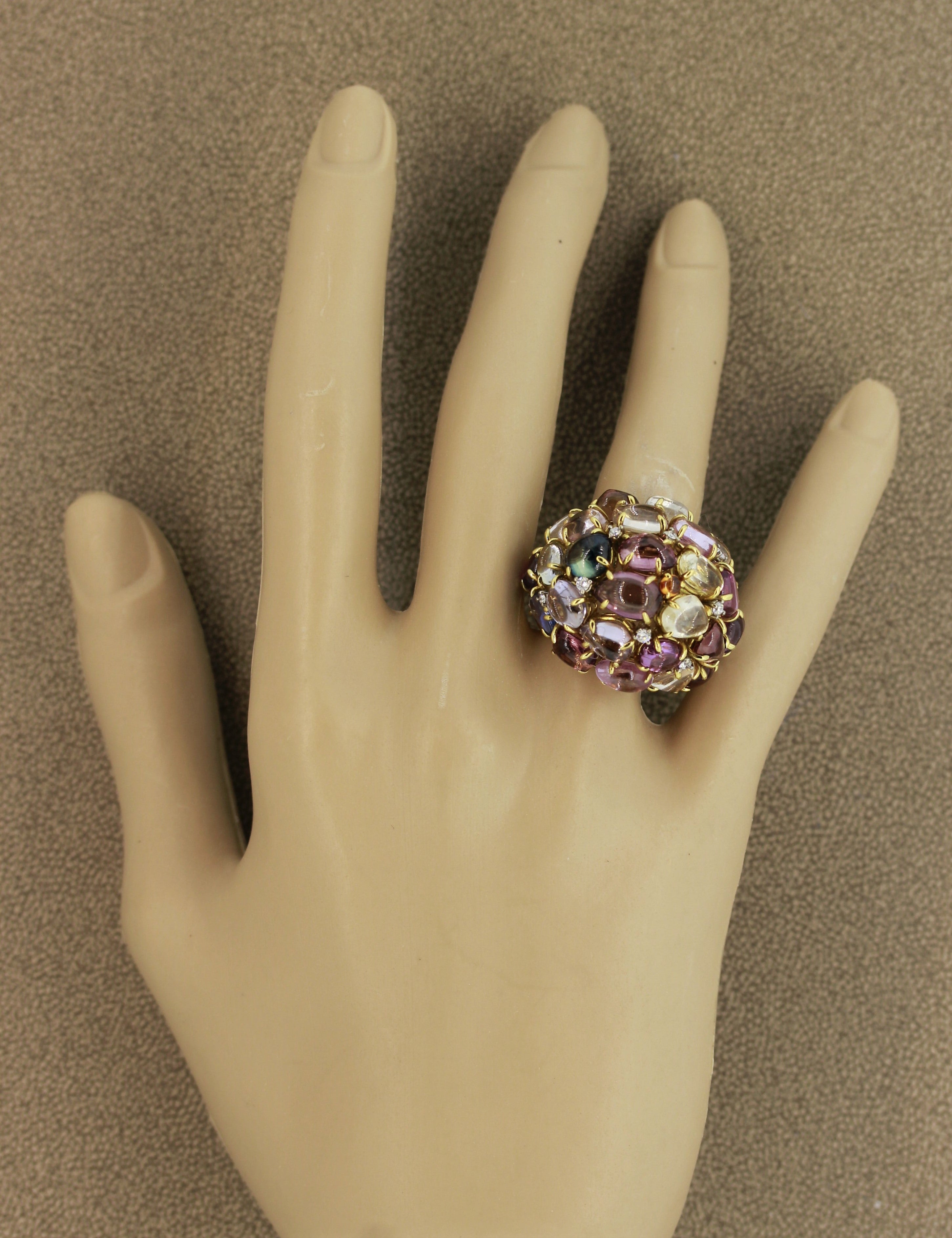 Multi-Color Gemstone Diamond Gold Dome Cocktail Ring