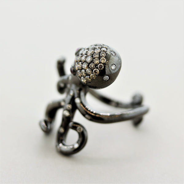 Diamond Ruby Gold & Rhodium Octopus Ring