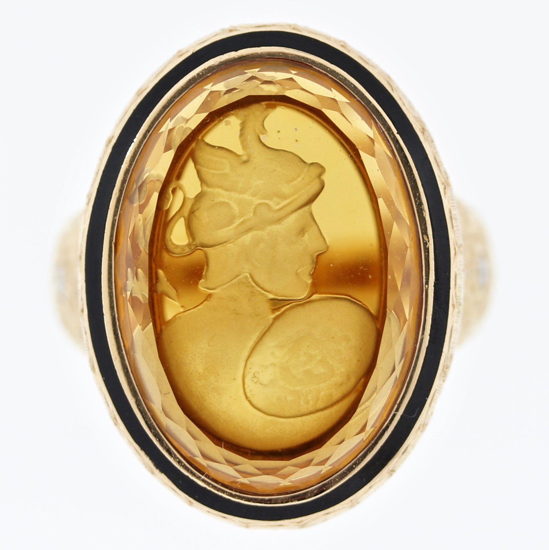 Antique Style Citrine Cameo Diamond Gold Ring