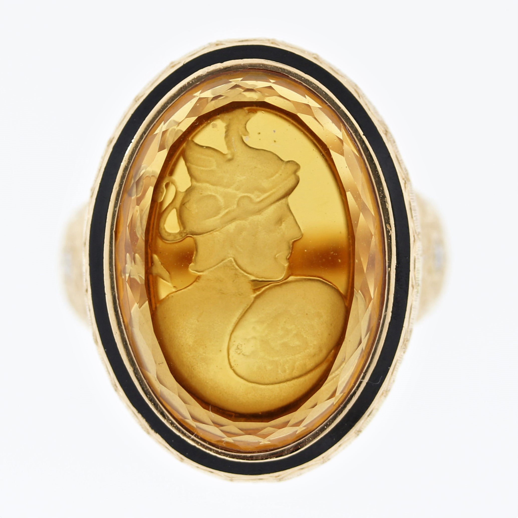 Antique Style Citrine Cameo Diamond Gold Ring