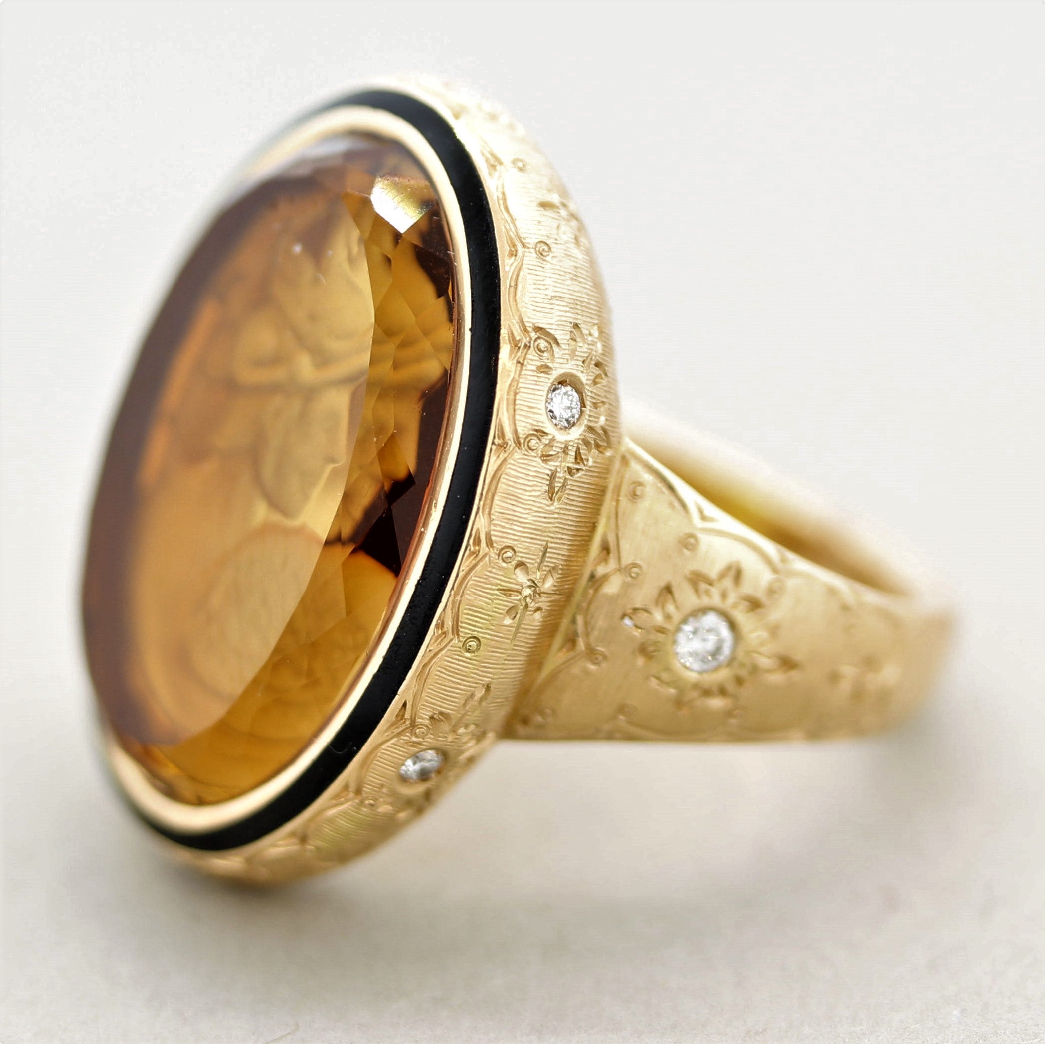 Antique Style Citrine Cameo Diamond Gold Ring