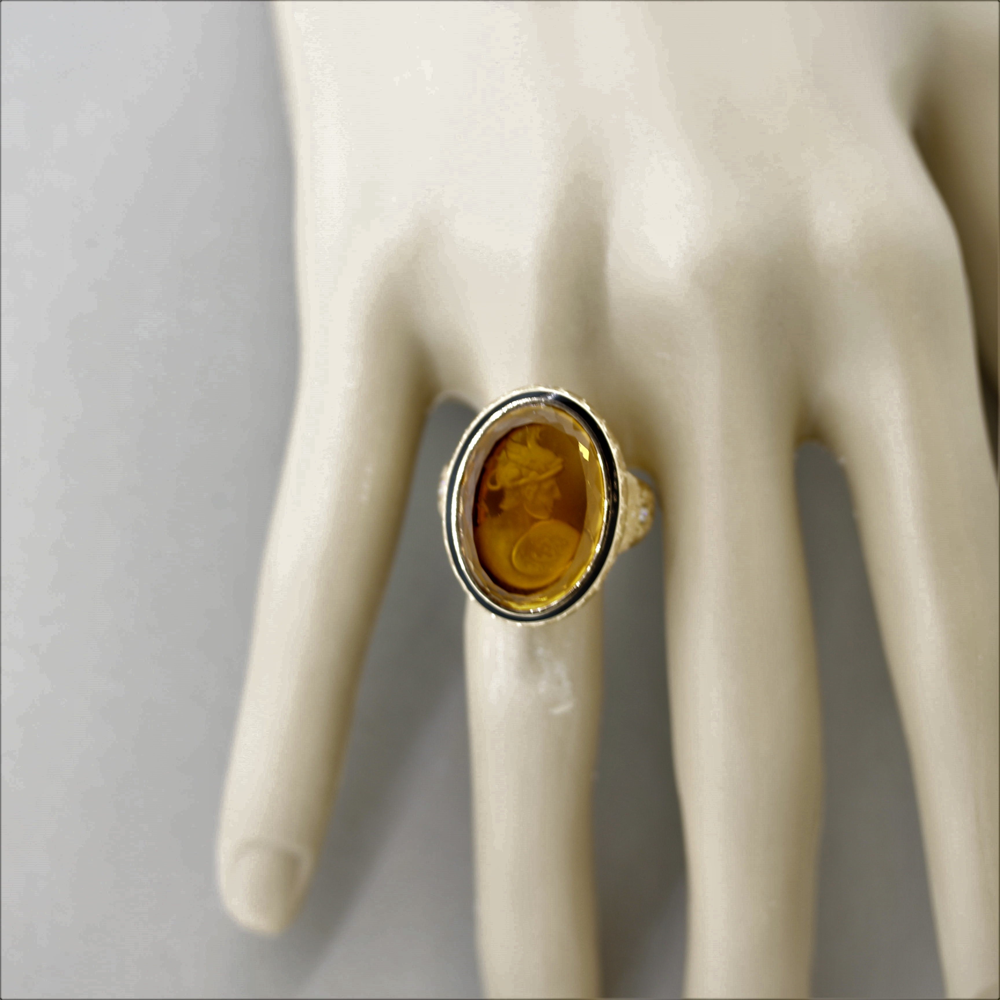 Antique Style Citrine Cameo Diamond Gold Ring