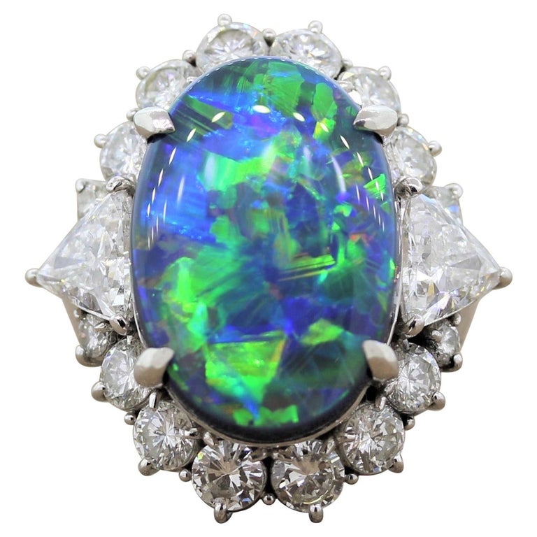 Gem Australian Black Opal Diamond Platinum Ring