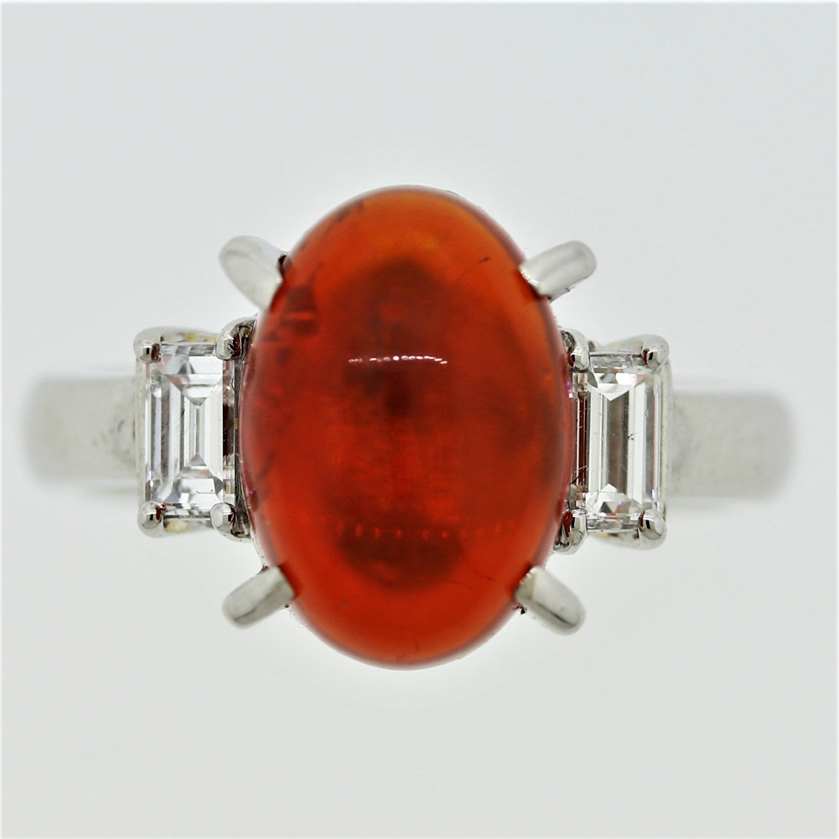 Mexican Fire Opal Diamond Platinum 3-Stone Ring