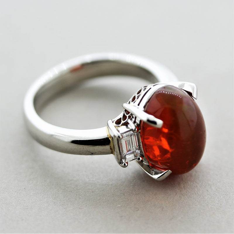 Mexican Fire Opal Diamond Platinum 3-Stone Ring