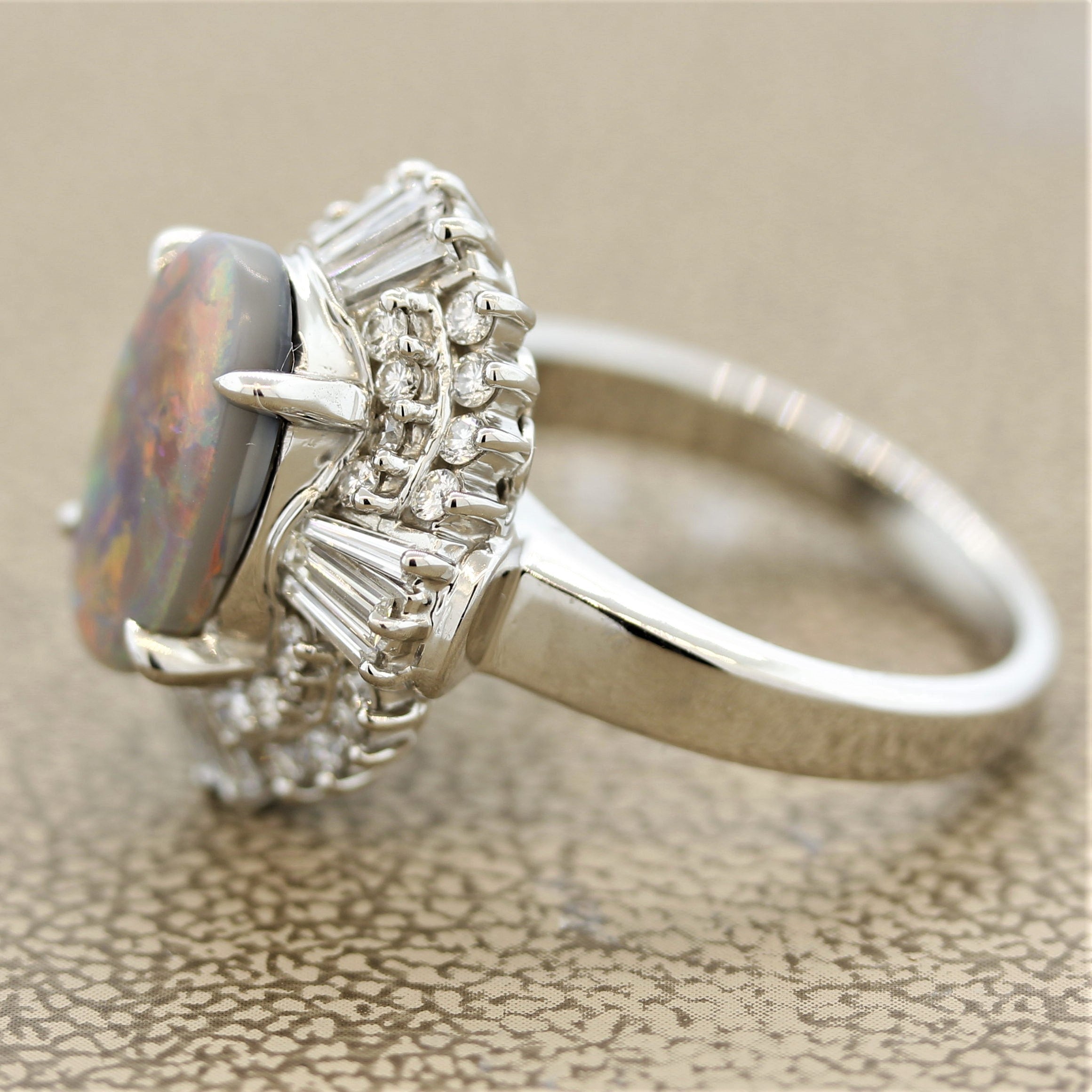 Australian Black Opal Diamond Platinum Ring