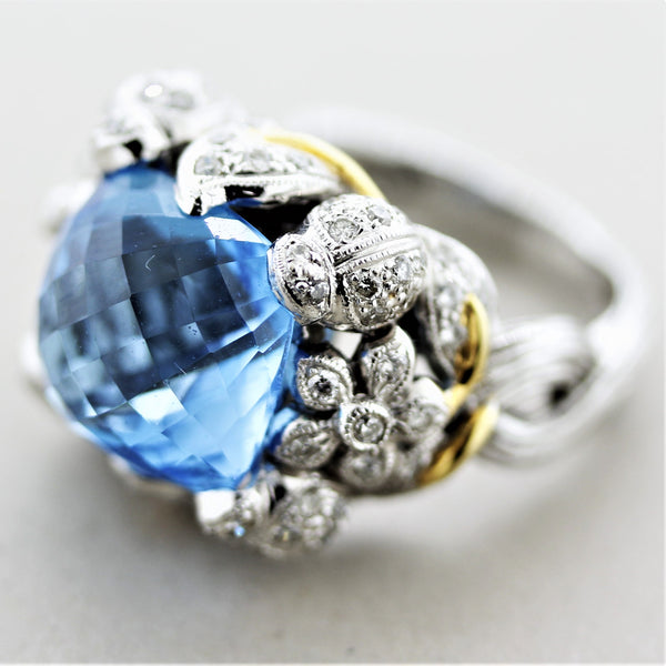 Blue Topaz Diamond Gold Foliage Ring
