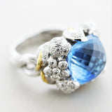 Blue Topaz Diamond Gold Foliage Ring