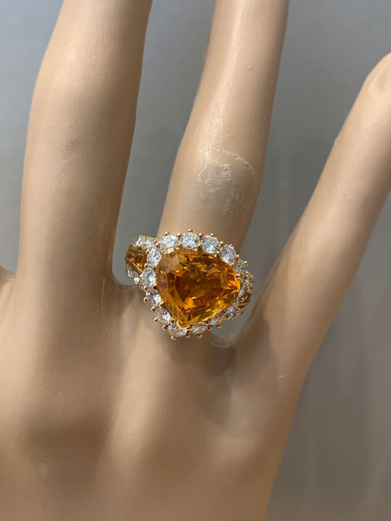 7.66 Carat Orange Sapphire Diamond Gold Ring