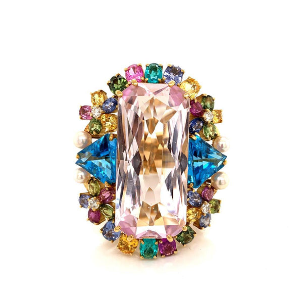 Large Kunzite Diamond Paraiba Sapphire Topaz Gold Cocktail Ring