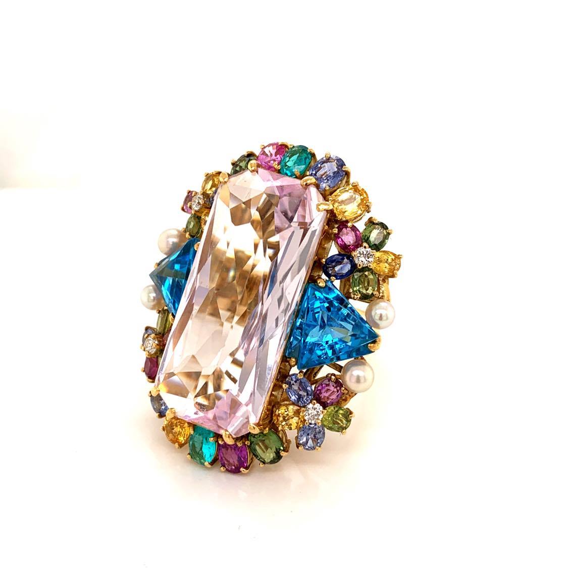 Large Kunzite Diamond Paraiba Sapphire Topaz Gold Cocktail Ring