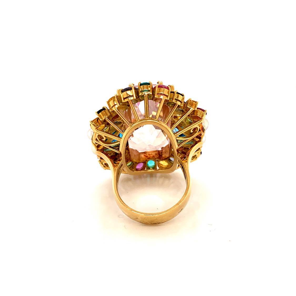 Large Kunzite Diamond Paraiba Sapphire Topaz Gold Cocktail Ring