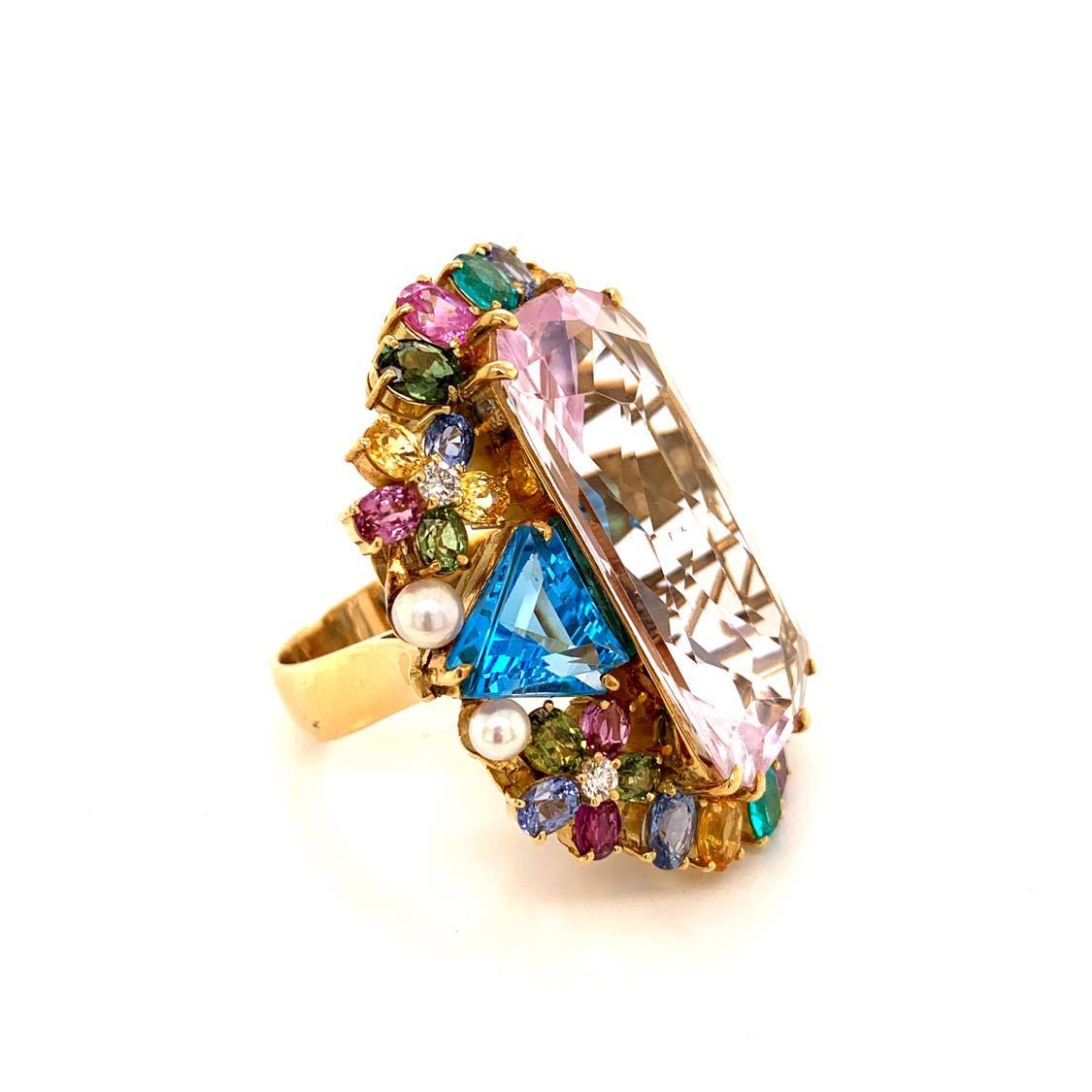 Large Kunzite Diamond Paraiba Sapphire Topaz Gold Cocktail Ring