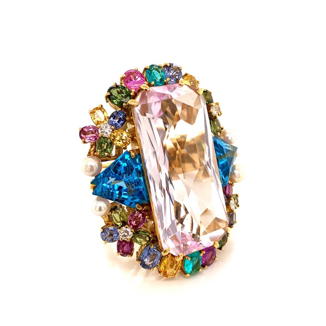 Large Kunzite Diamond Paraiba Sapphire Topaz Gold Cocktail Ring