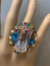 Large Kunzite Diamond Paraiba Sapphire Topaz Gold Cocktail Ring