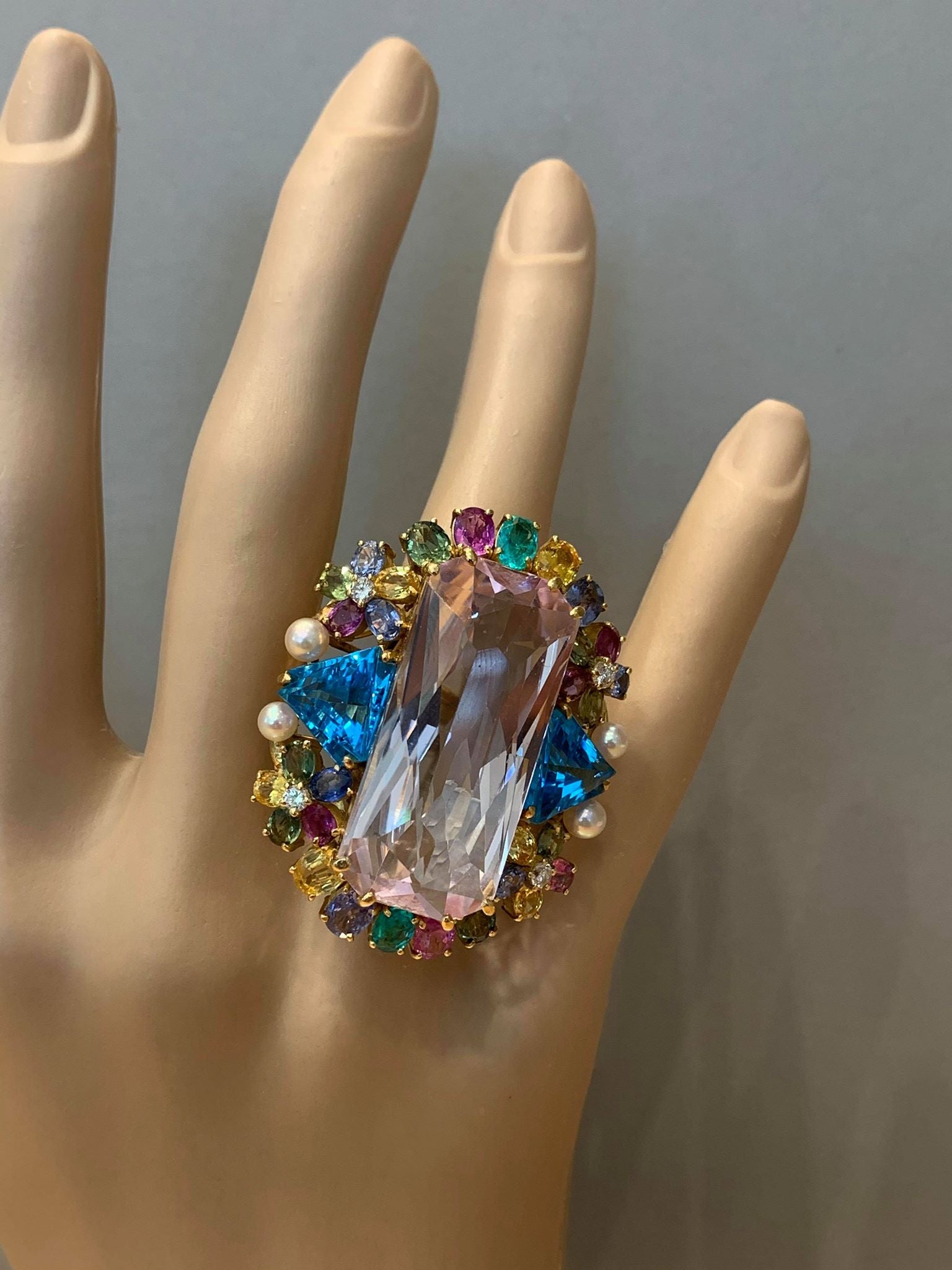 Large Kunzite Diamond Paraiba Sapphire Topaz Gold Cocktail Ring