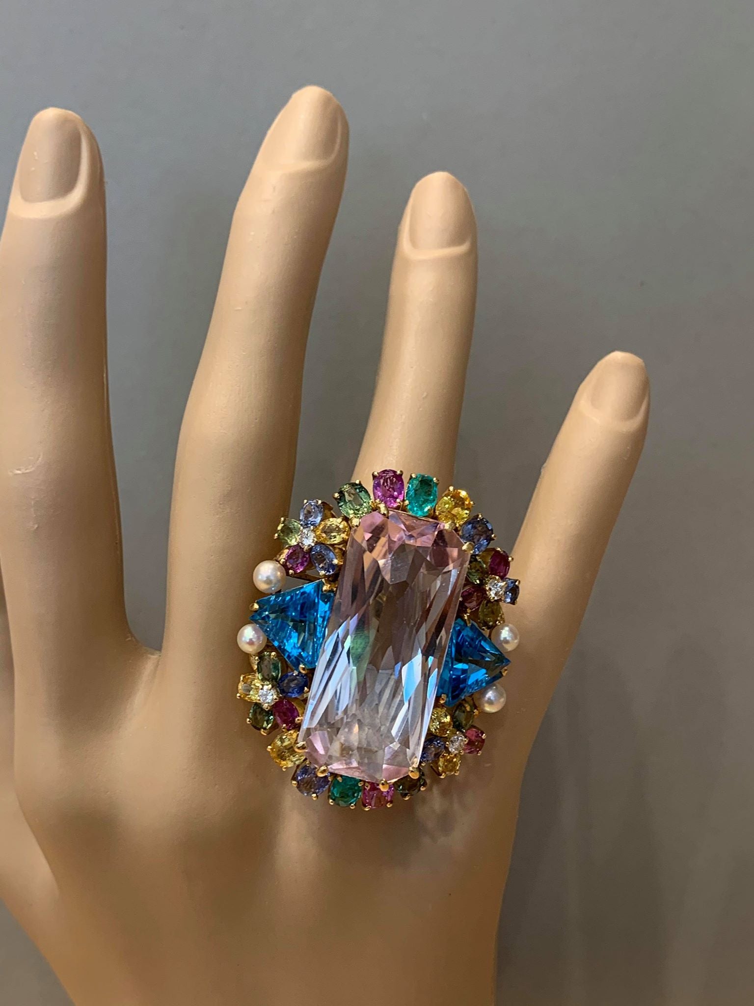 Large Kunzite Diamond Paraiba Sapphire Topaz Gold Cocktail Ring