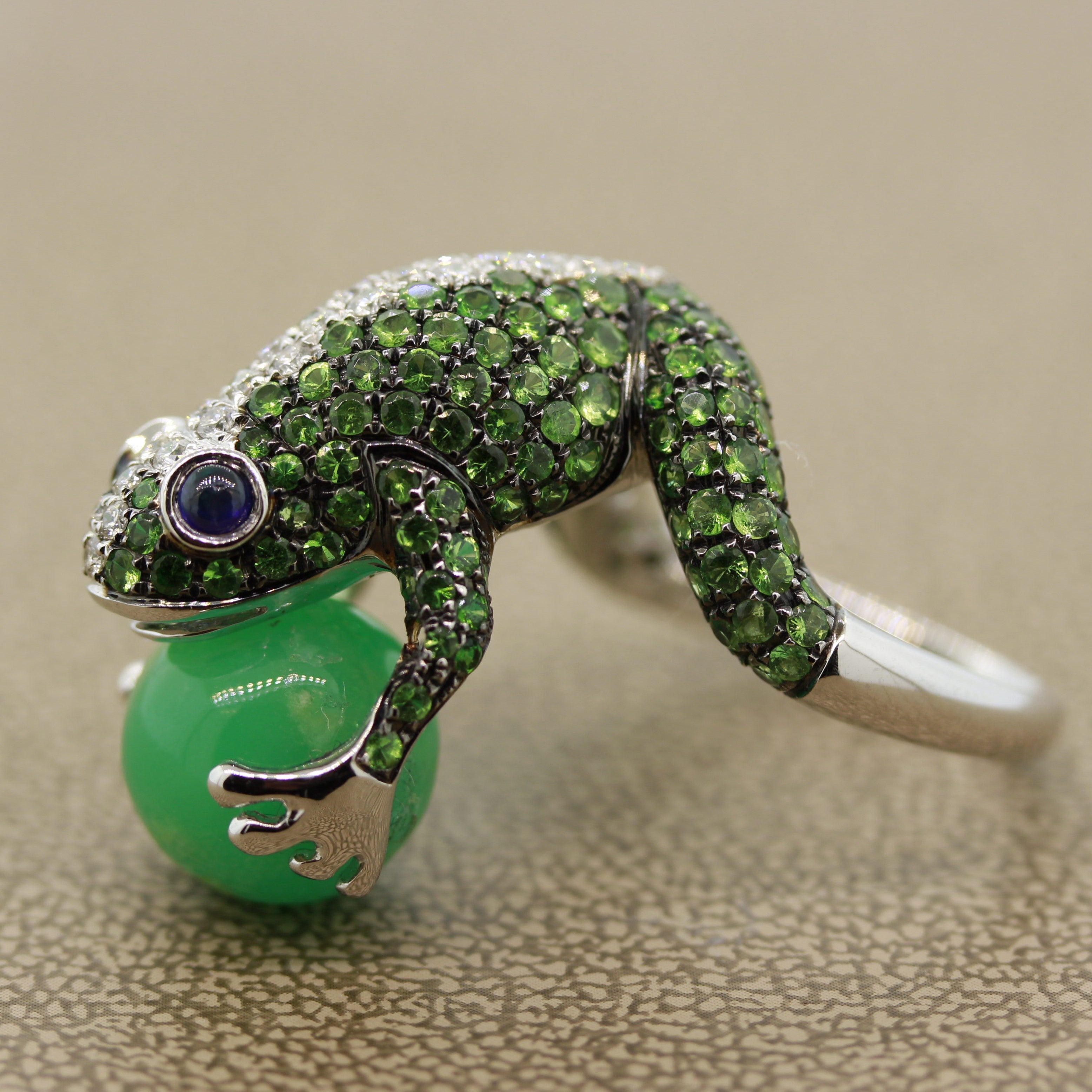 Tsavorite Diamond Sapphire Jade Gold Frog Ring