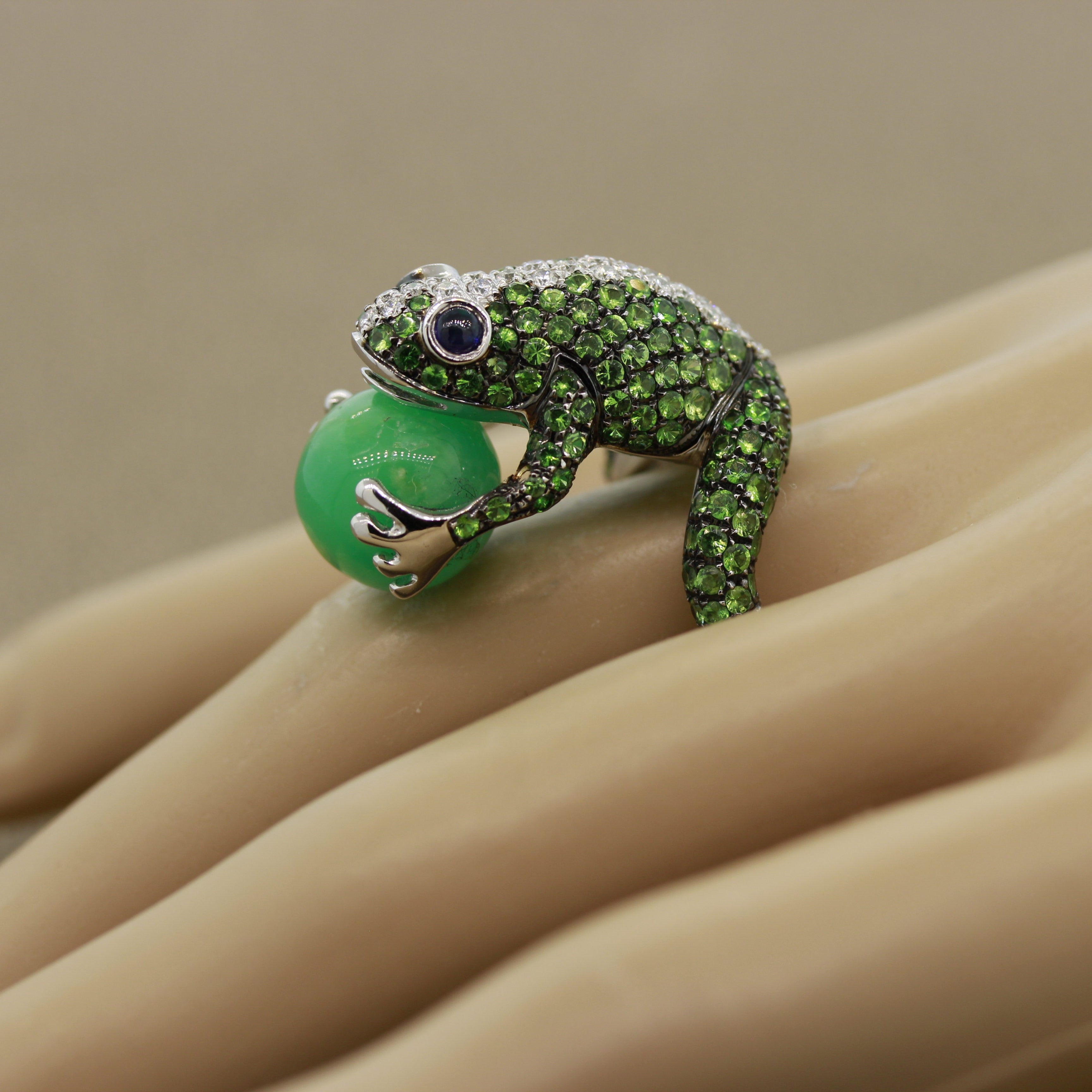 Tsavorite Diamond Sapphire Jade Gold Frog Ring