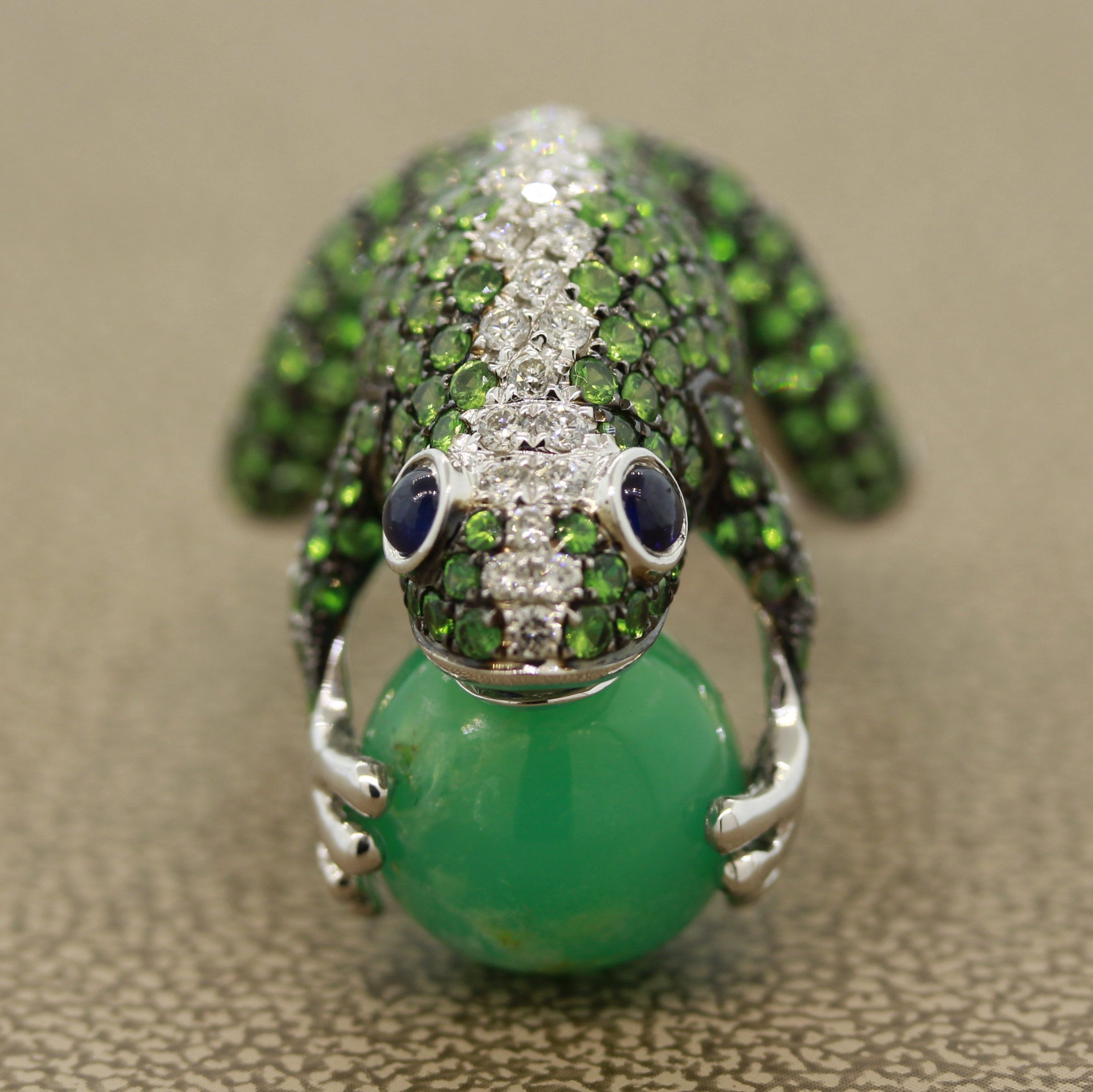 Tsavorite Diamond Sapphire Jade Gold Frog Ring