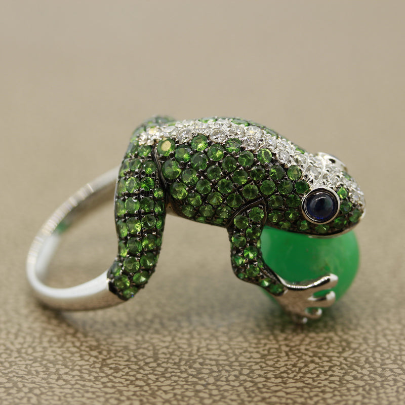 Tsavorite Diamond Sapphire Jade Gold Frog Ring