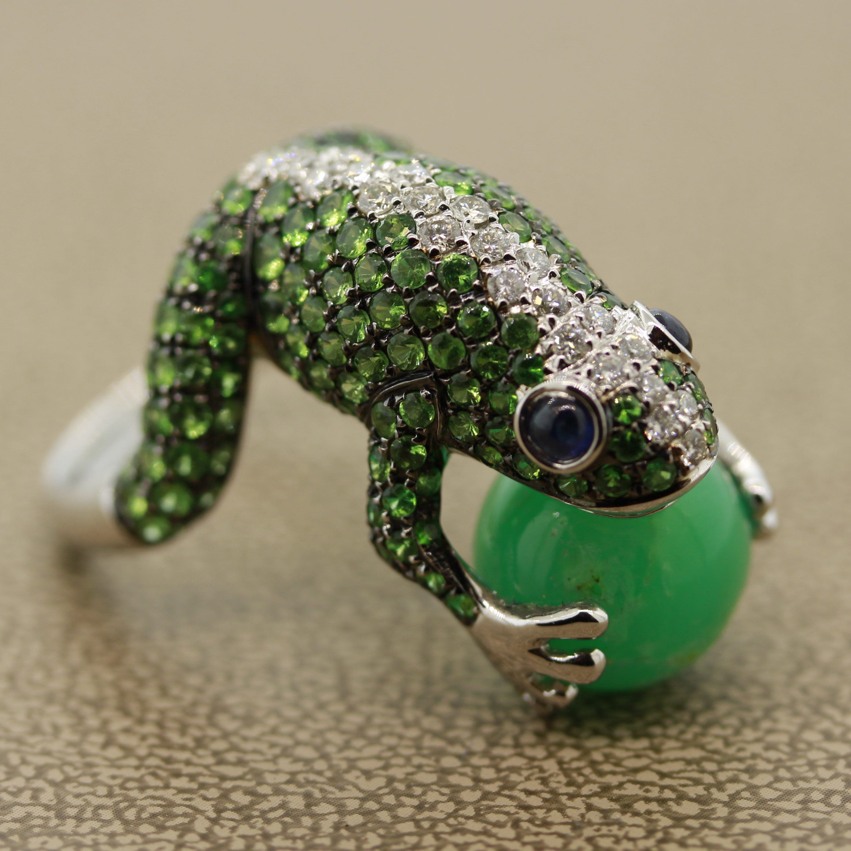 Tsavorite Diamond Sapphire Jade Gold Frog Ring