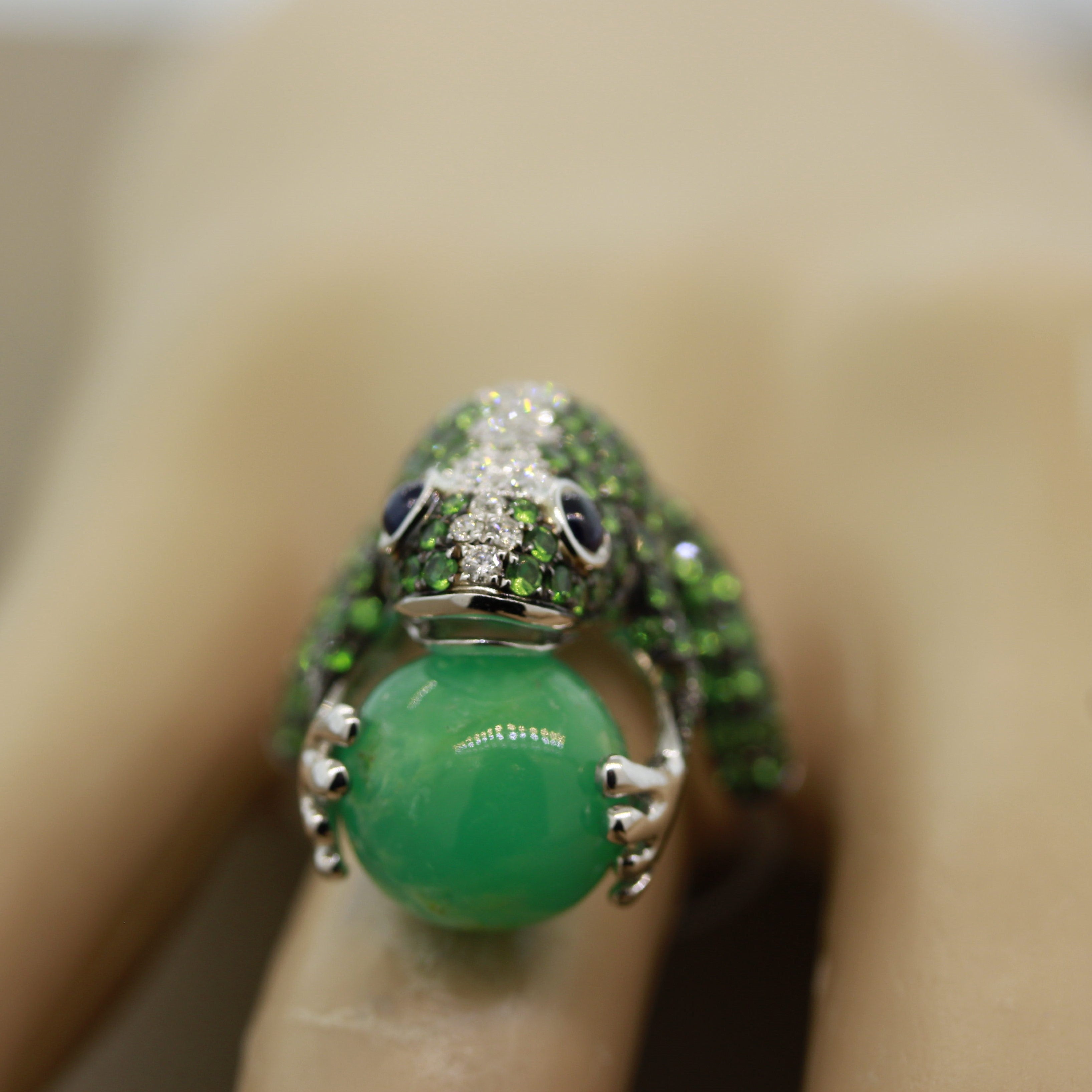 Tsavorite Diamond Sapphire Jade Gold Frog Ring