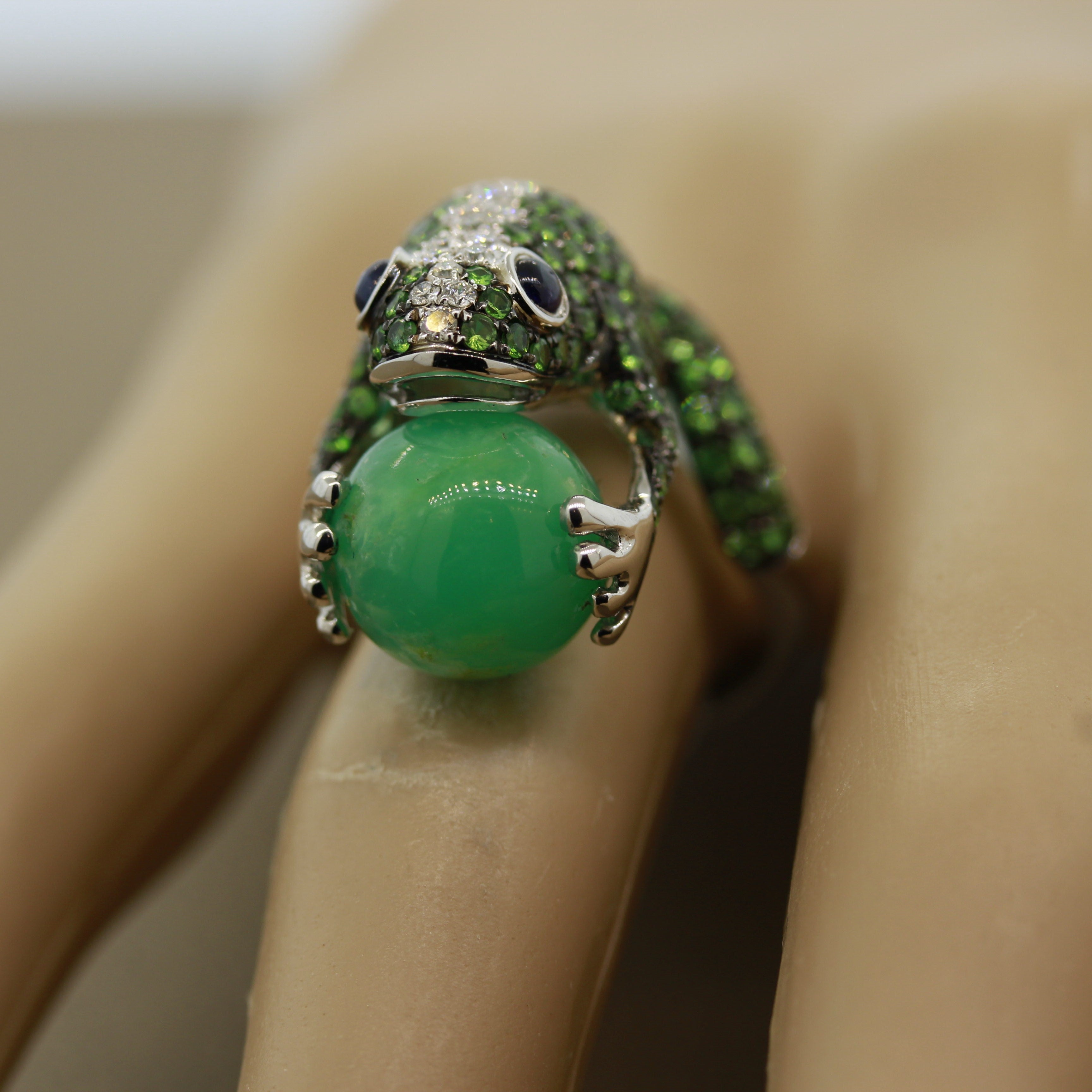 Tsavorite Diamond Sapphire Jade Gold Frog Ring