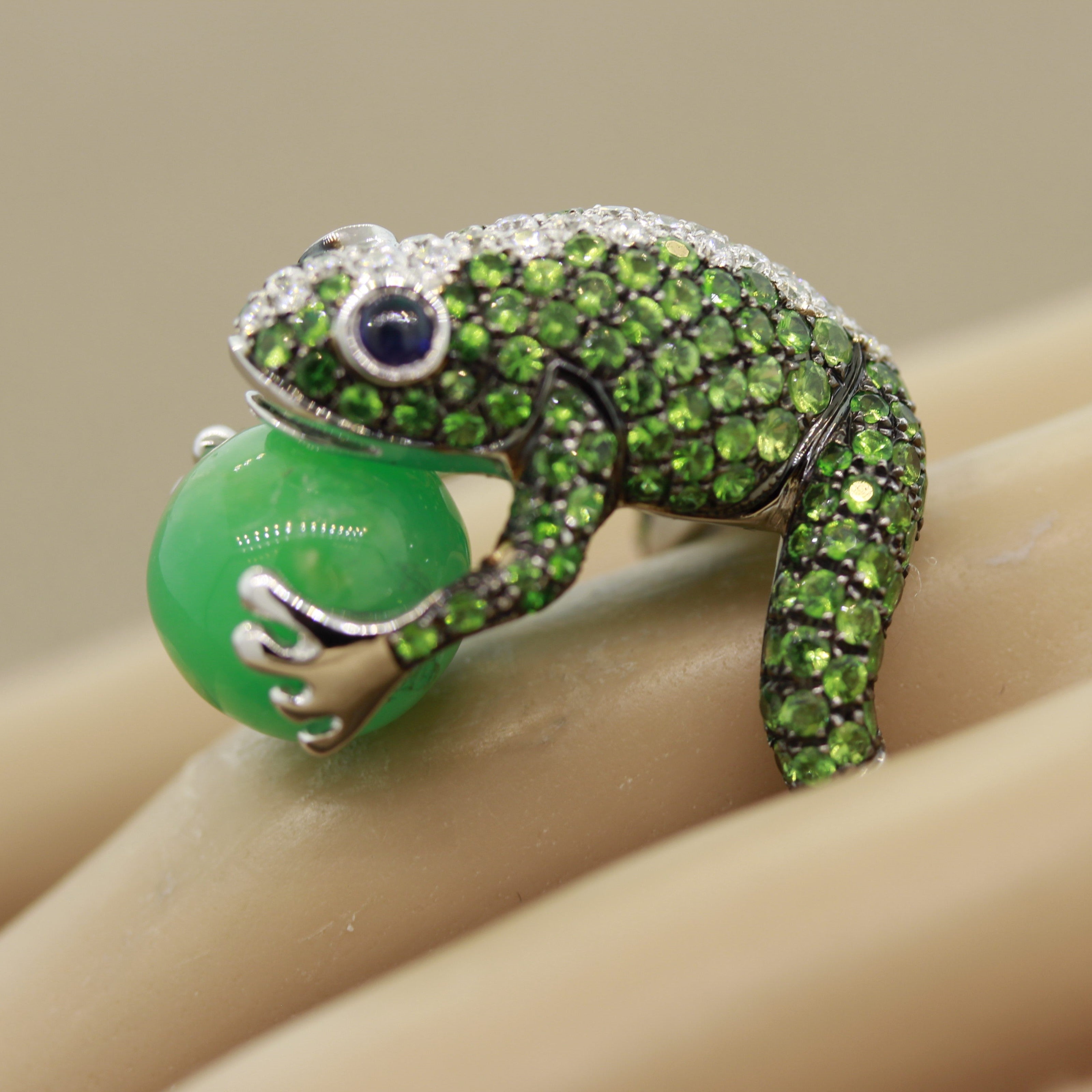 Tsavorite Diamond Sapphire Jade Gold Frog Ring