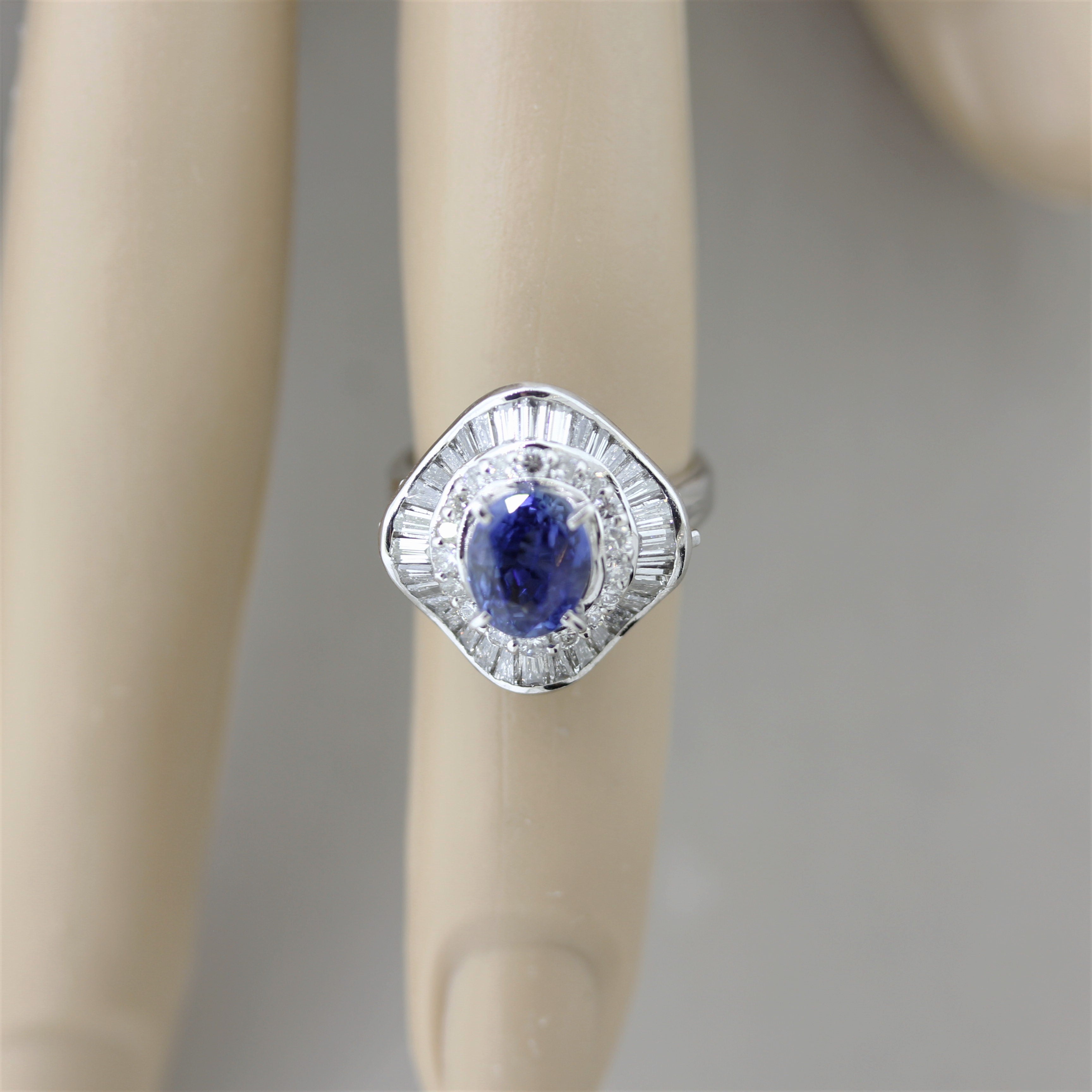 Sapphire Diamond Halo Platinum Ring