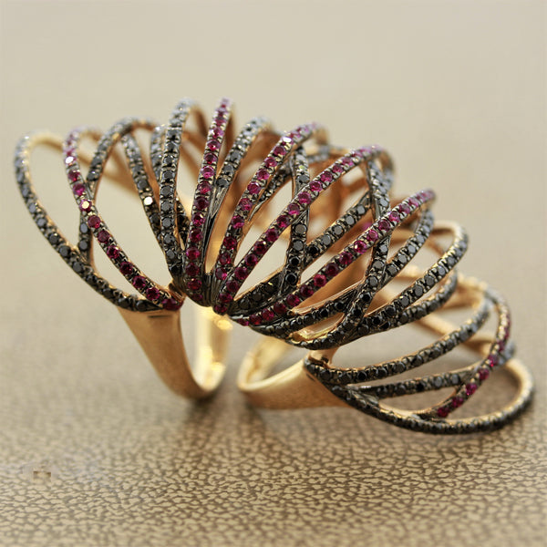 Modern Ruby Black Diamond Gold Flexible Cocktail Ring