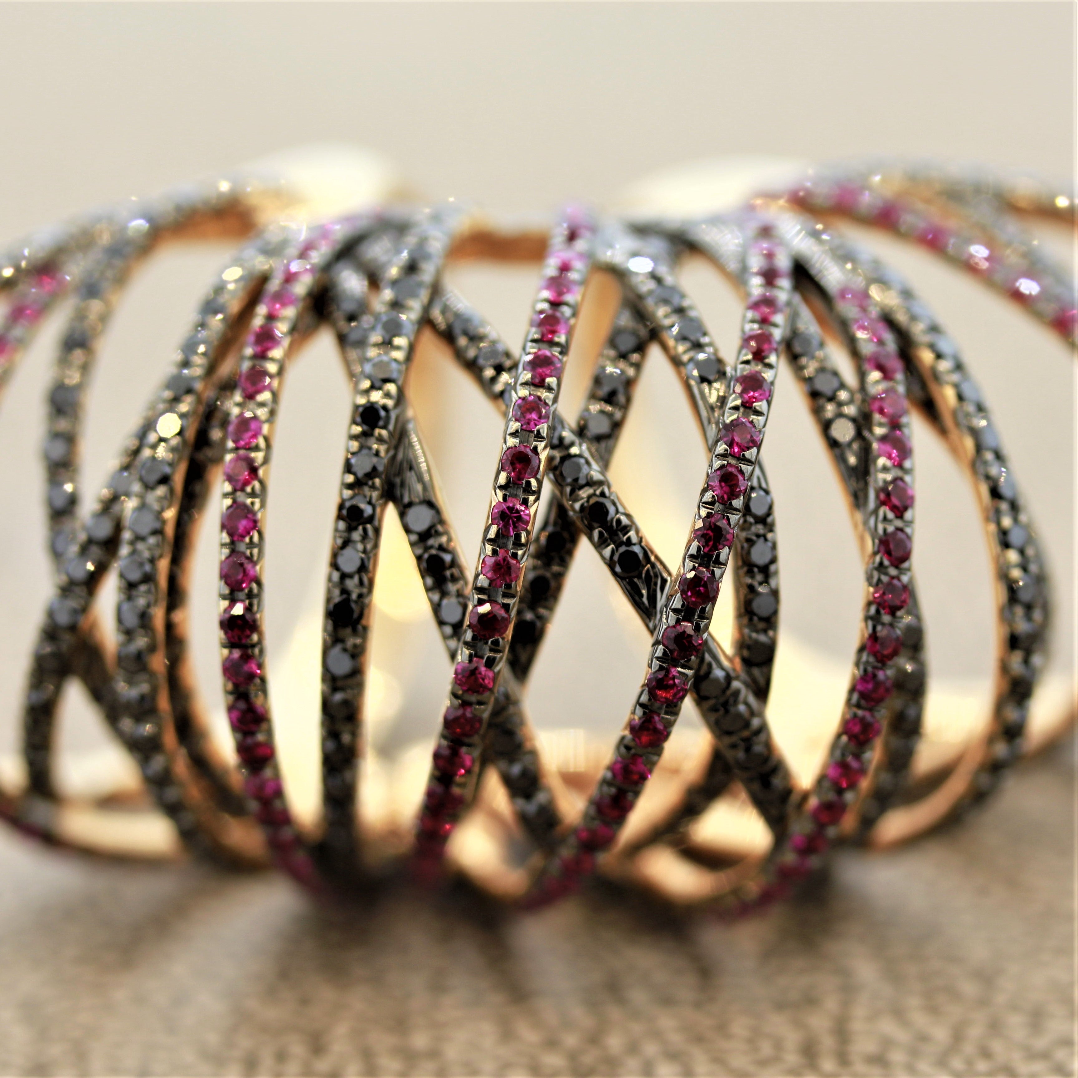 Modern Ruby Black Diamond Gold Flexible Cocktail Ring