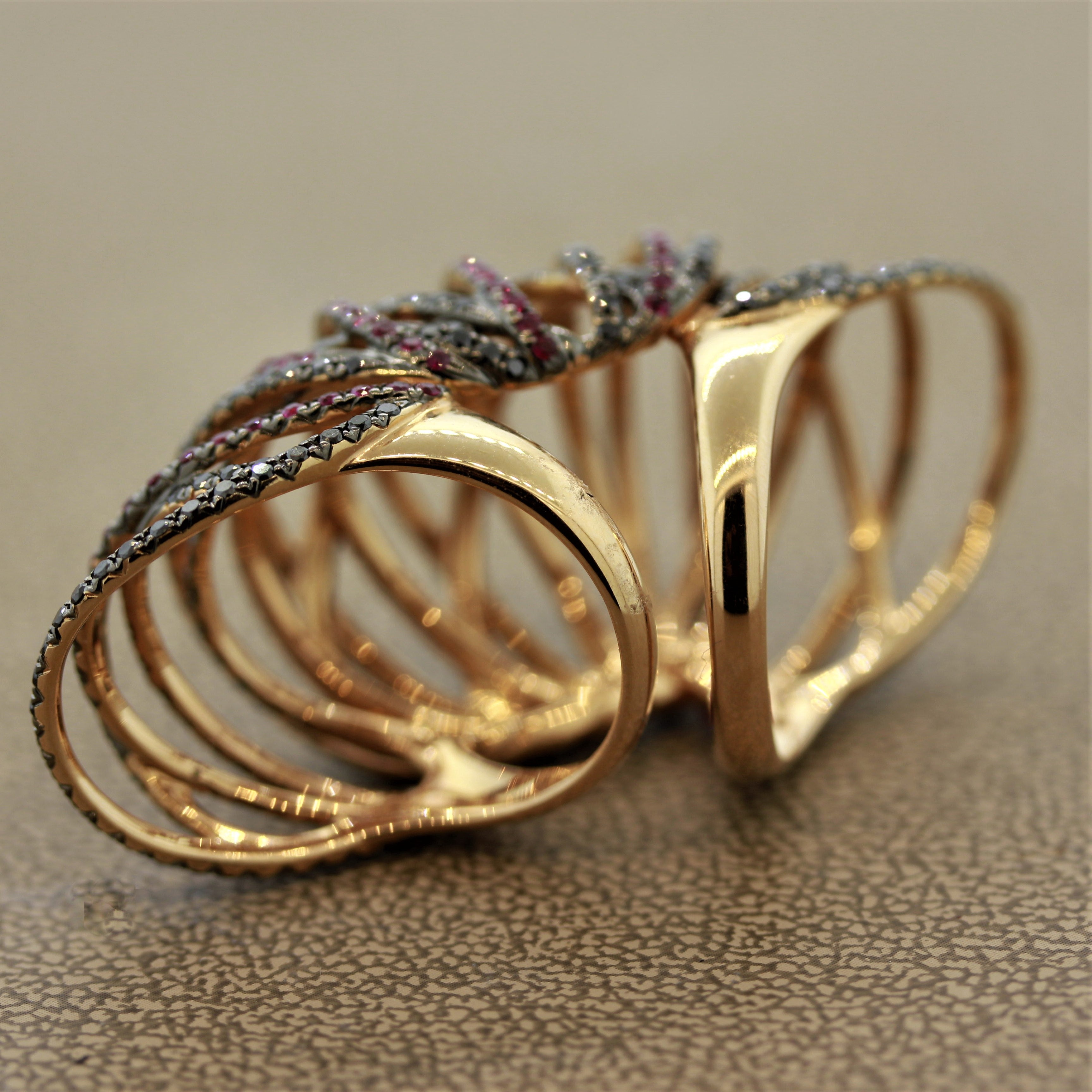 Modern Ruby Black Diamond Gold Flexible Cocktail Ring