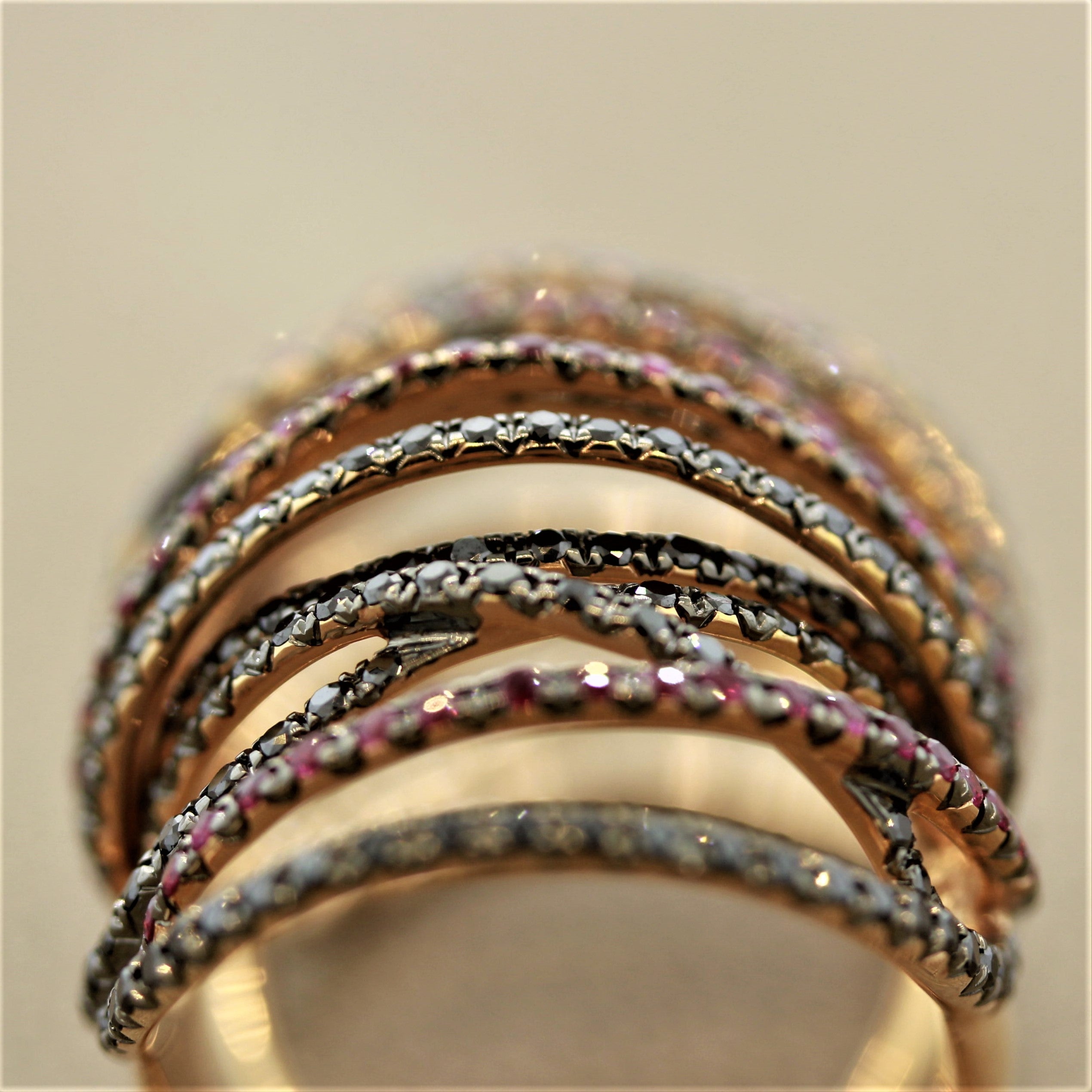 Modern Ruby Black Diamond Gold Flexible Cocktail Ring