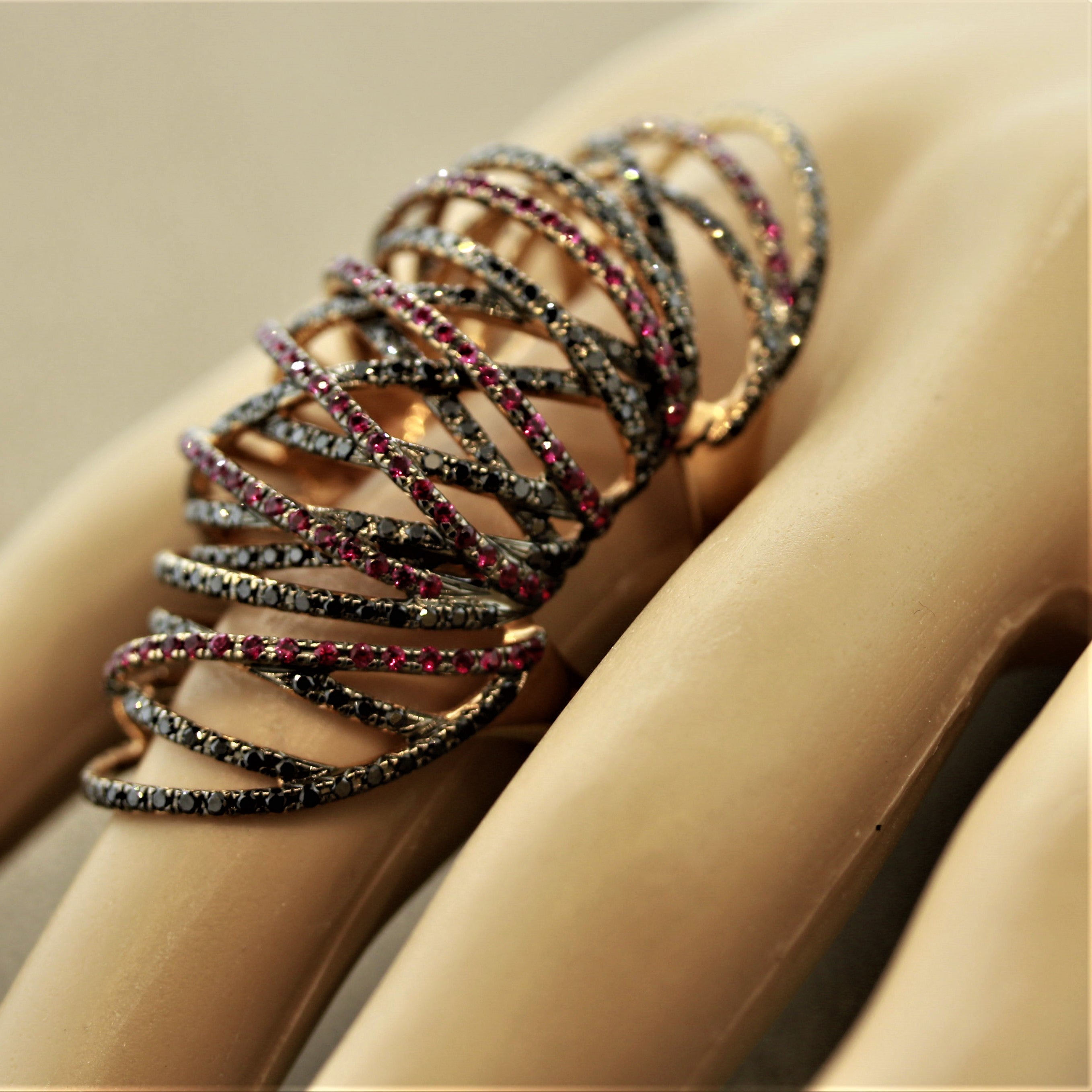 Modern Ruby Black Diamond Gold Flexible Cocktail Ring