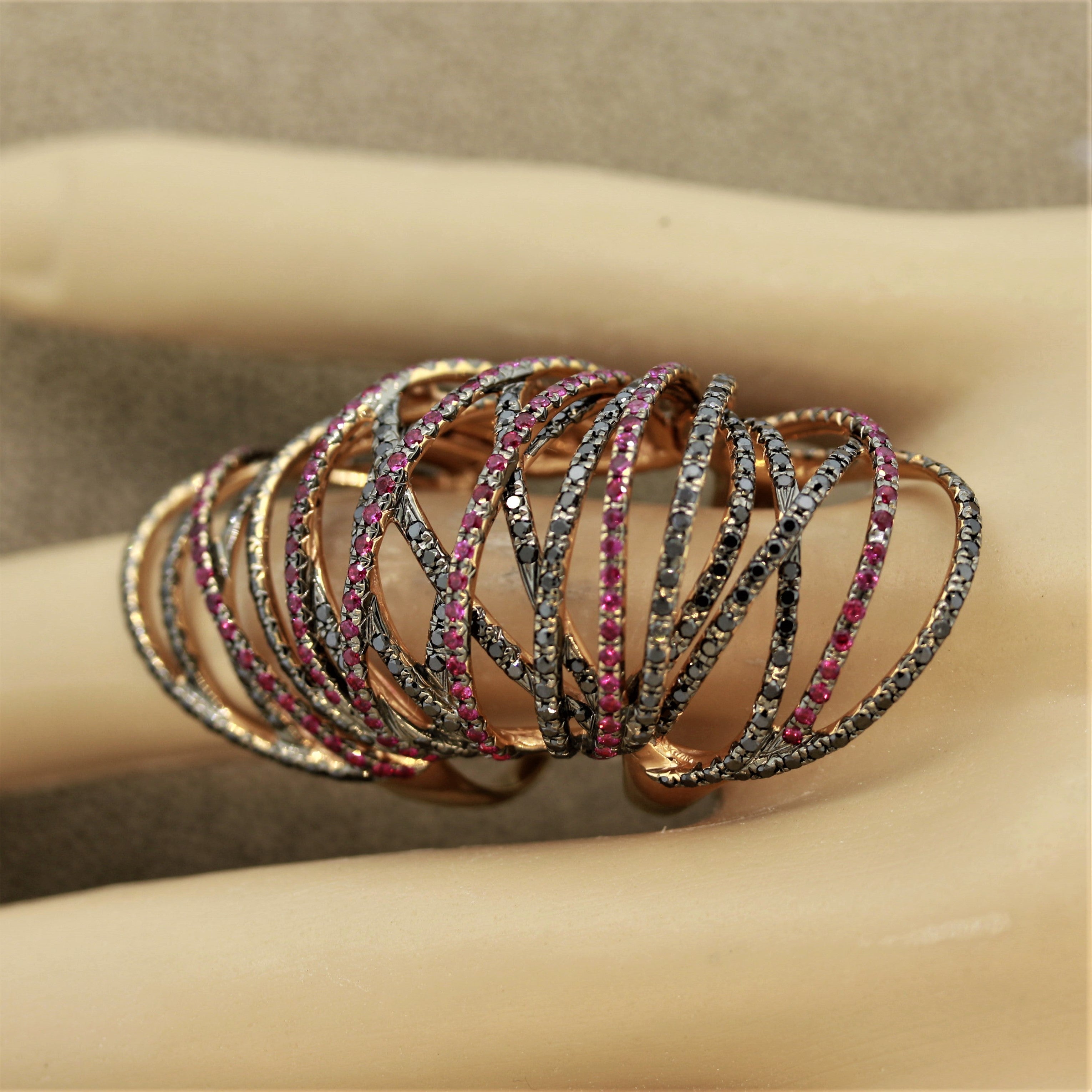 Modern Ruby Black Diamond Gold Flexible Cocktail Ring