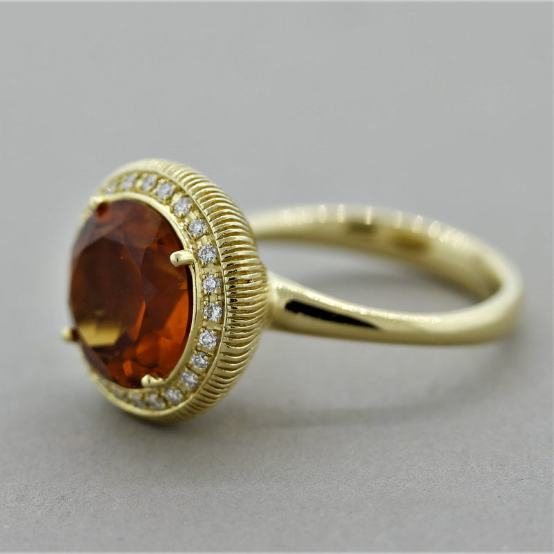 Citrine Diamond Halo Gold Textured Ring