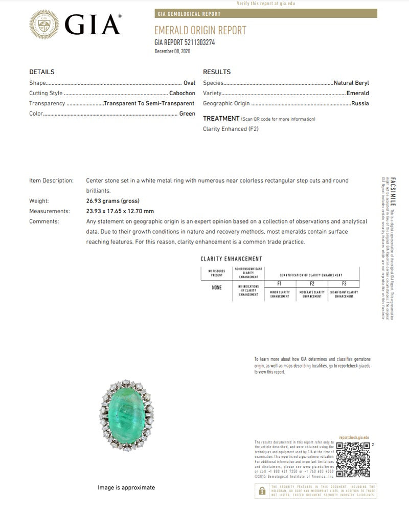 Mid-Century Russian Emerald Diamond Platinum Cocktail Ring, GIA Certified