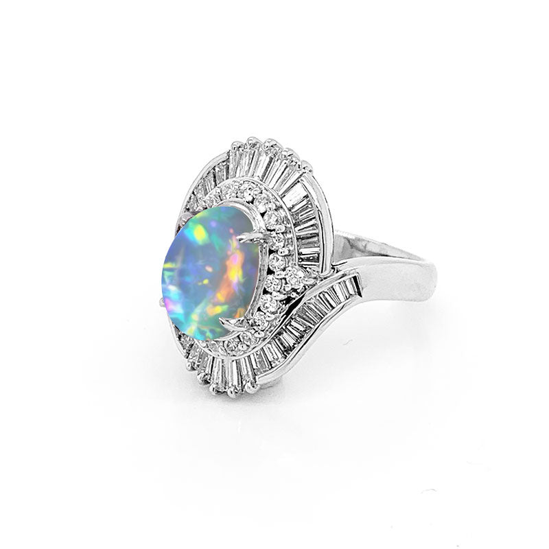 Crystal Opal Diamond Platinum Spiral Ring