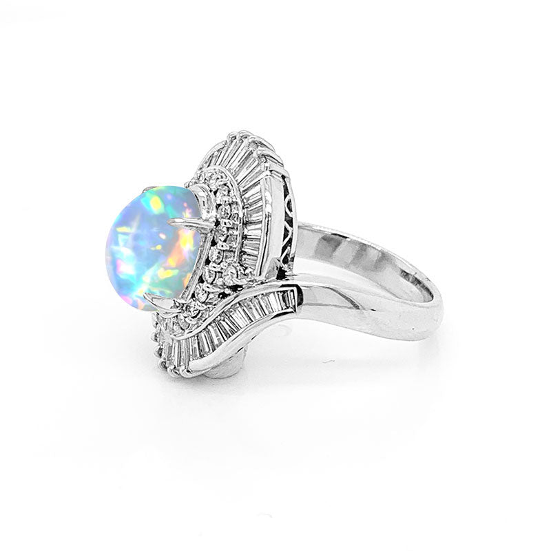 Crystal Opal Diamond Platinum Spiral Ring