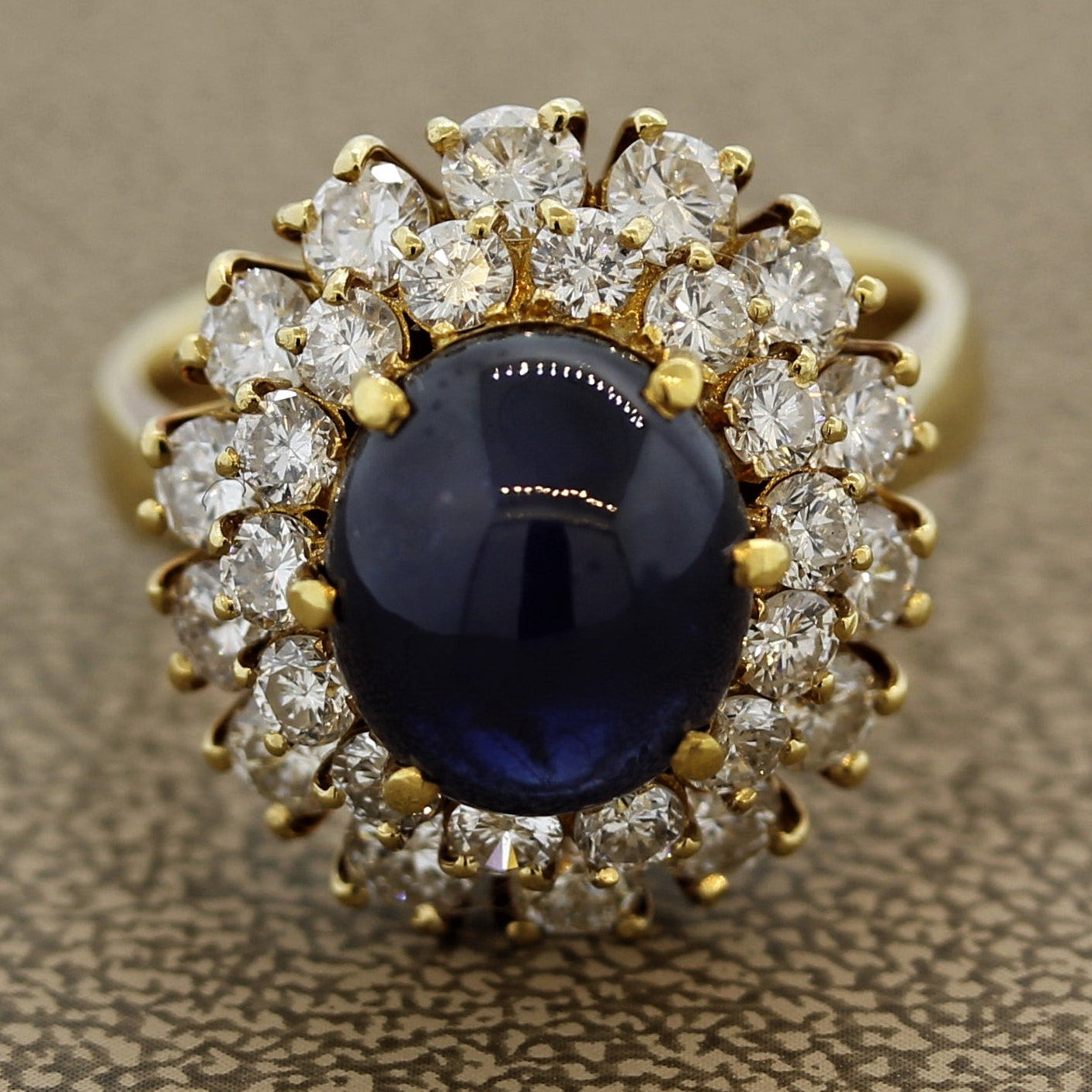 Blue Sapphire Cabochon Diamond Cluster Gold Ring