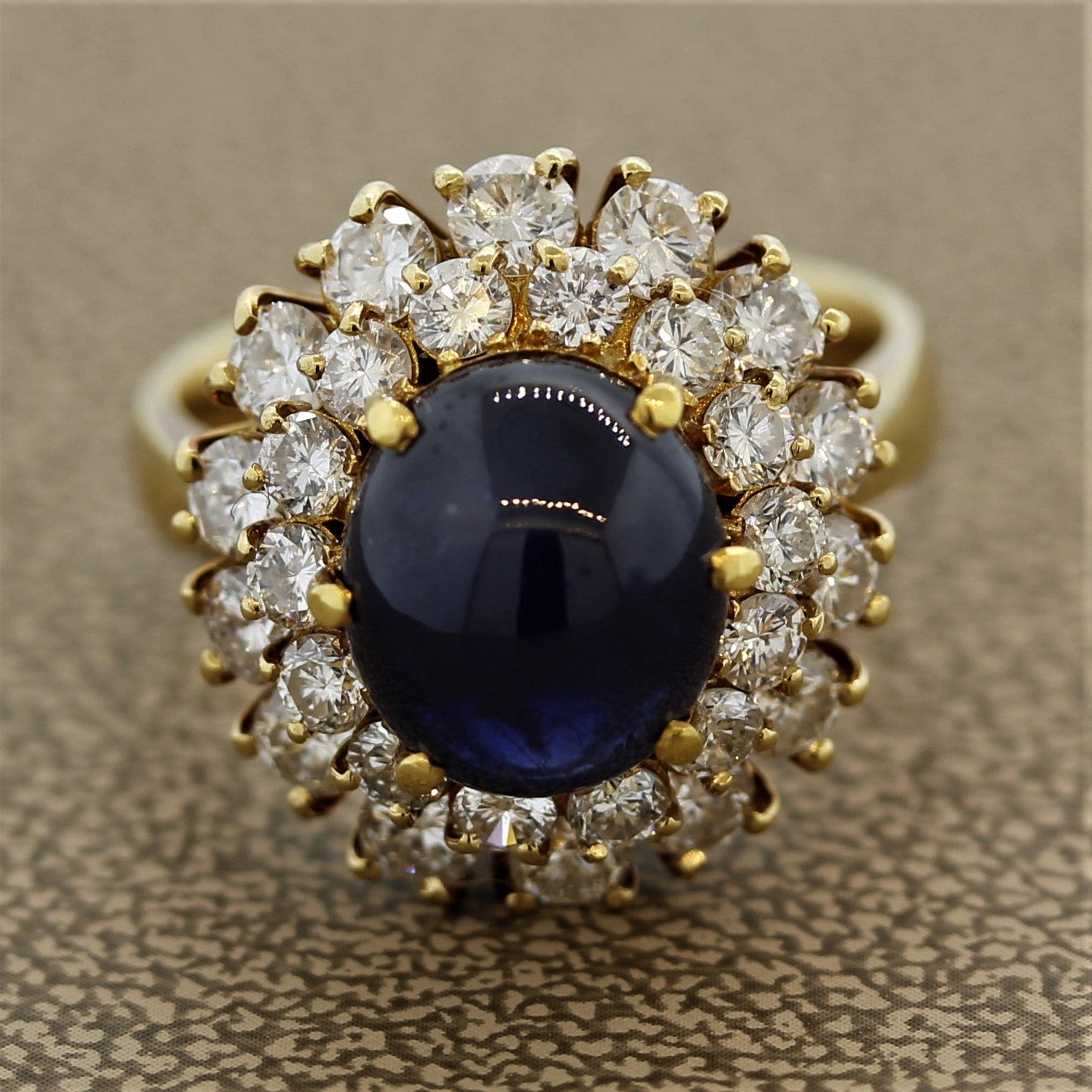 Blue Sapphire Cabochon Diamond Cluster Gold Ring