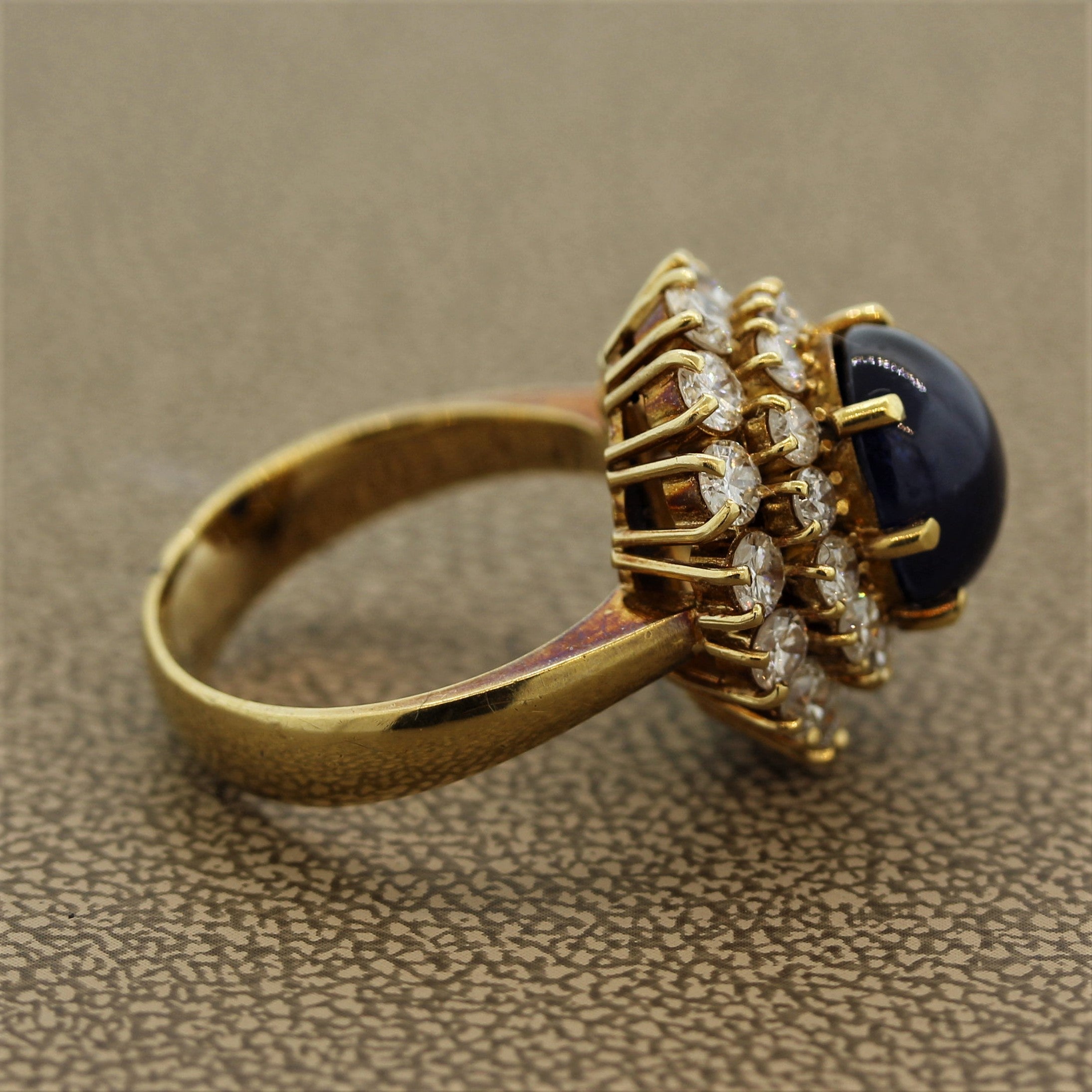 Blue Sapphire Cabochon Diamond Cluster Gold Ring