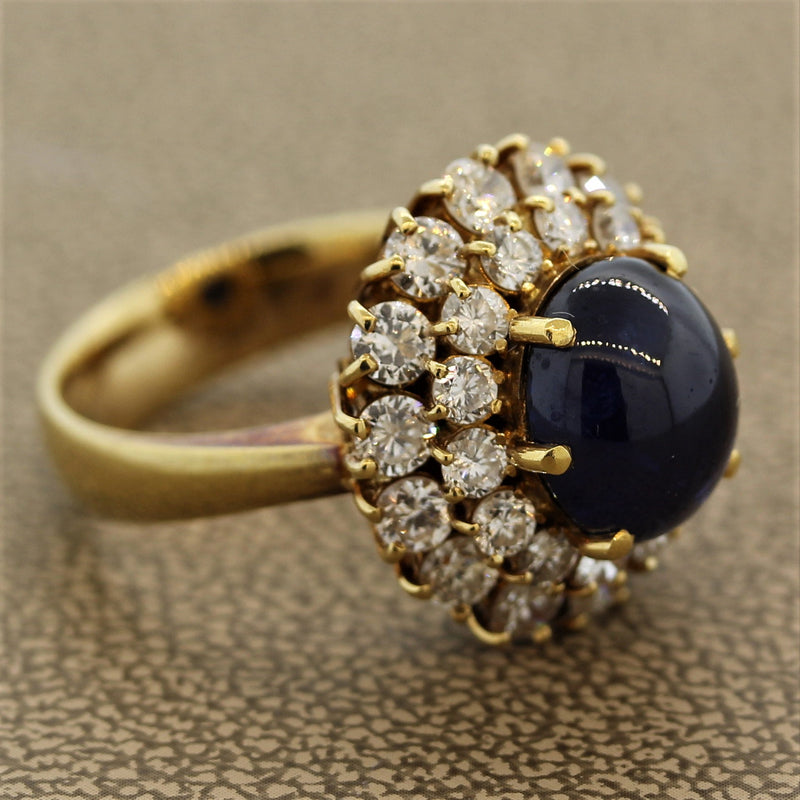 Blue Sapphire Cabochon Diamond Cluster Gold Ring