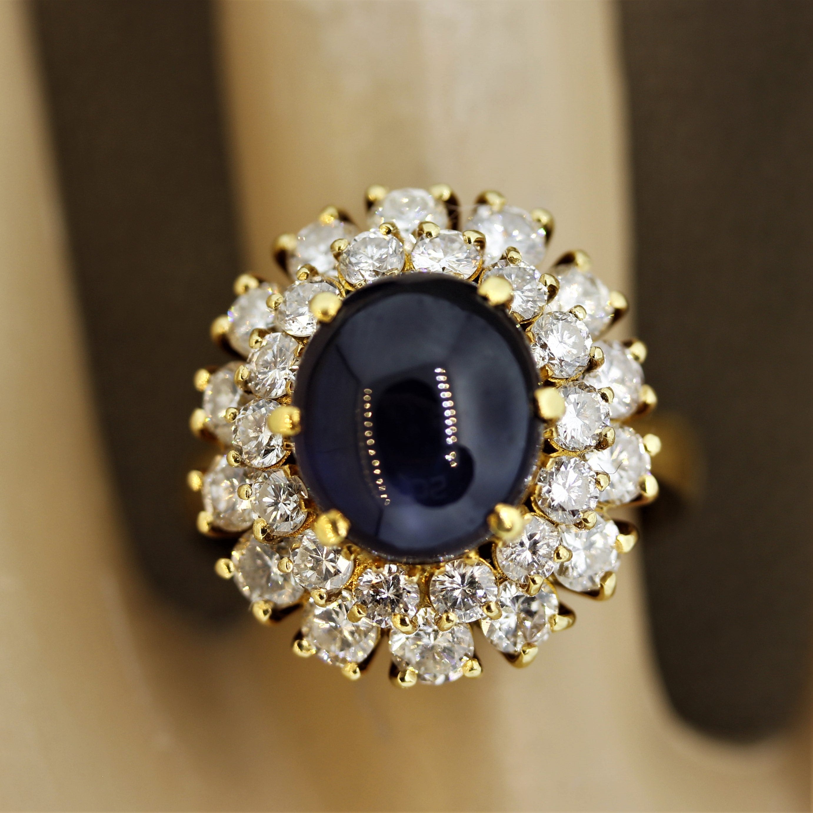 Blue Sapphire Cabochon Diamond Cluster Gold Ring