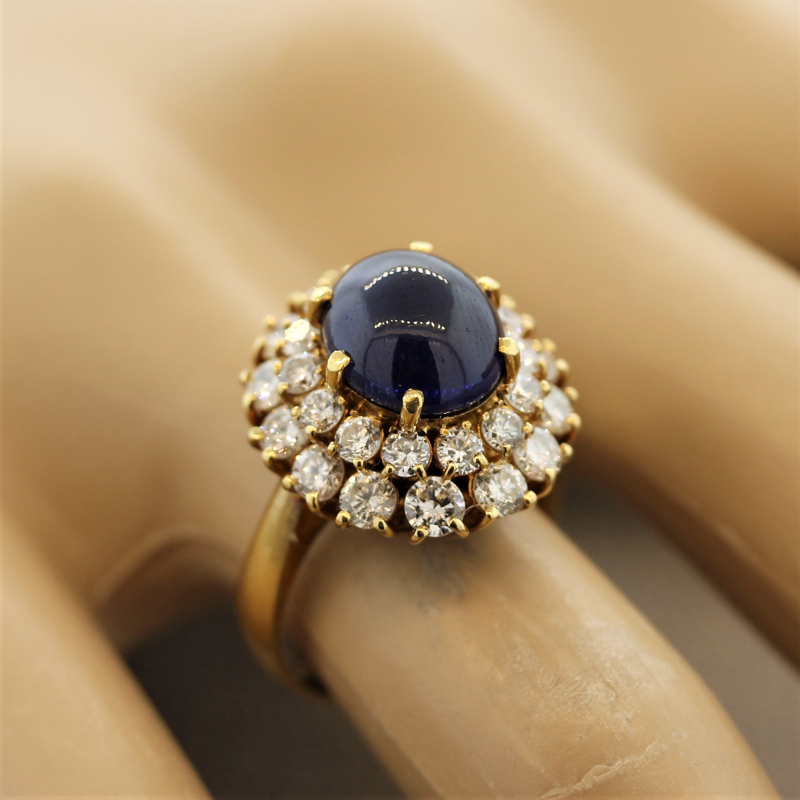 Blue Sapphire Cabochon Diamond Cluster Gold Ring