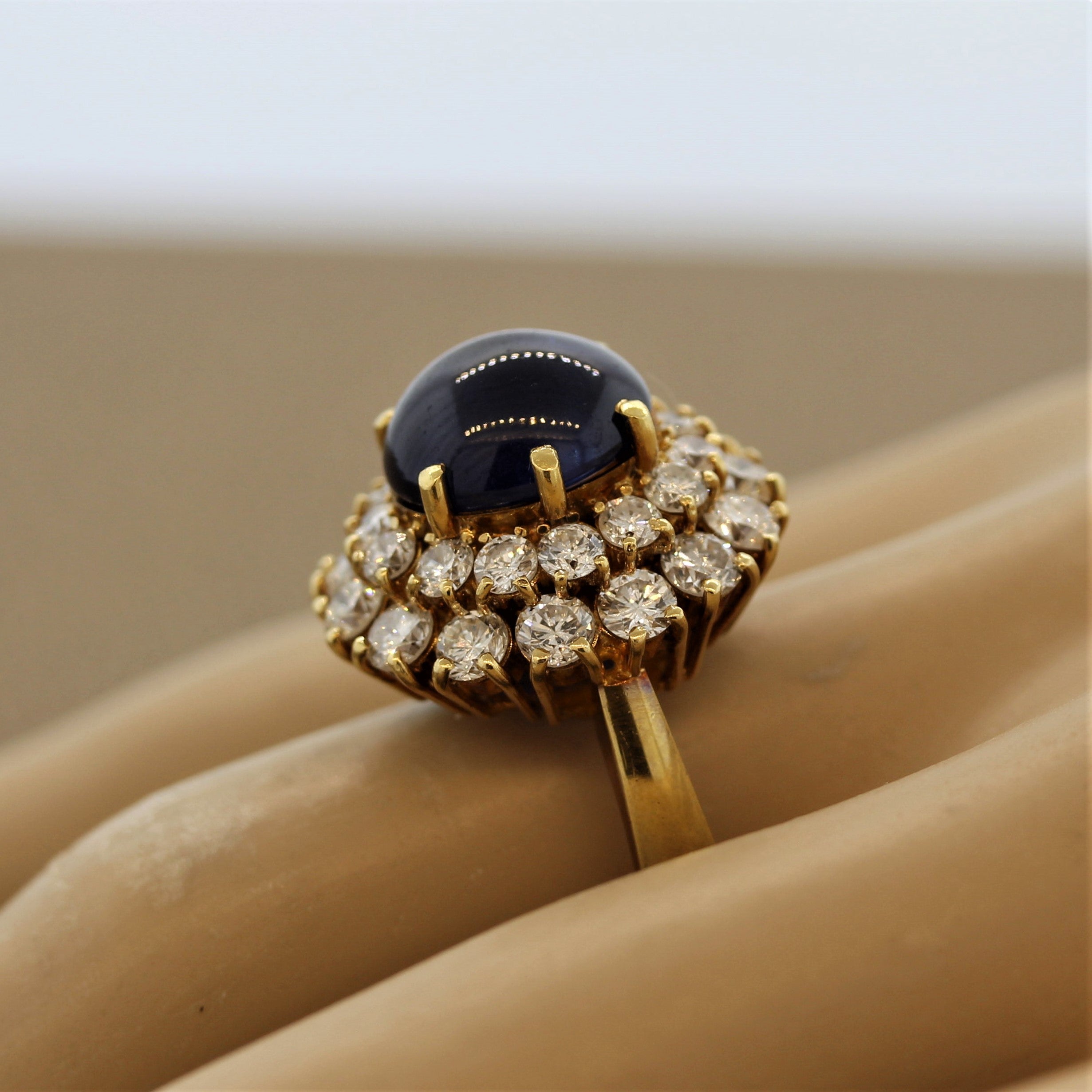 Blue Sapphire Cabochon Diamond Cluster Gold Ring