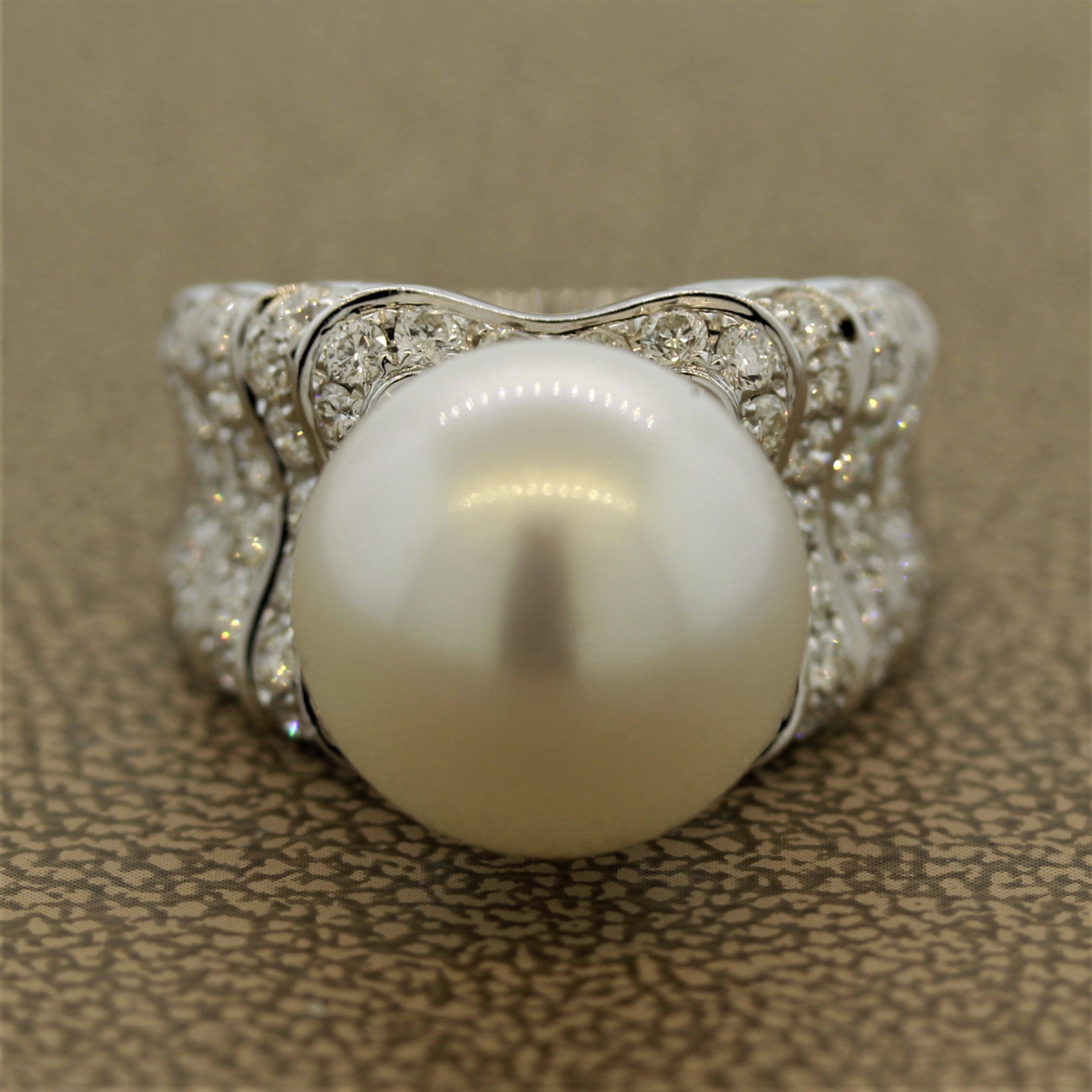 South Sea Pearl Half Circle Diamond Gold Ring