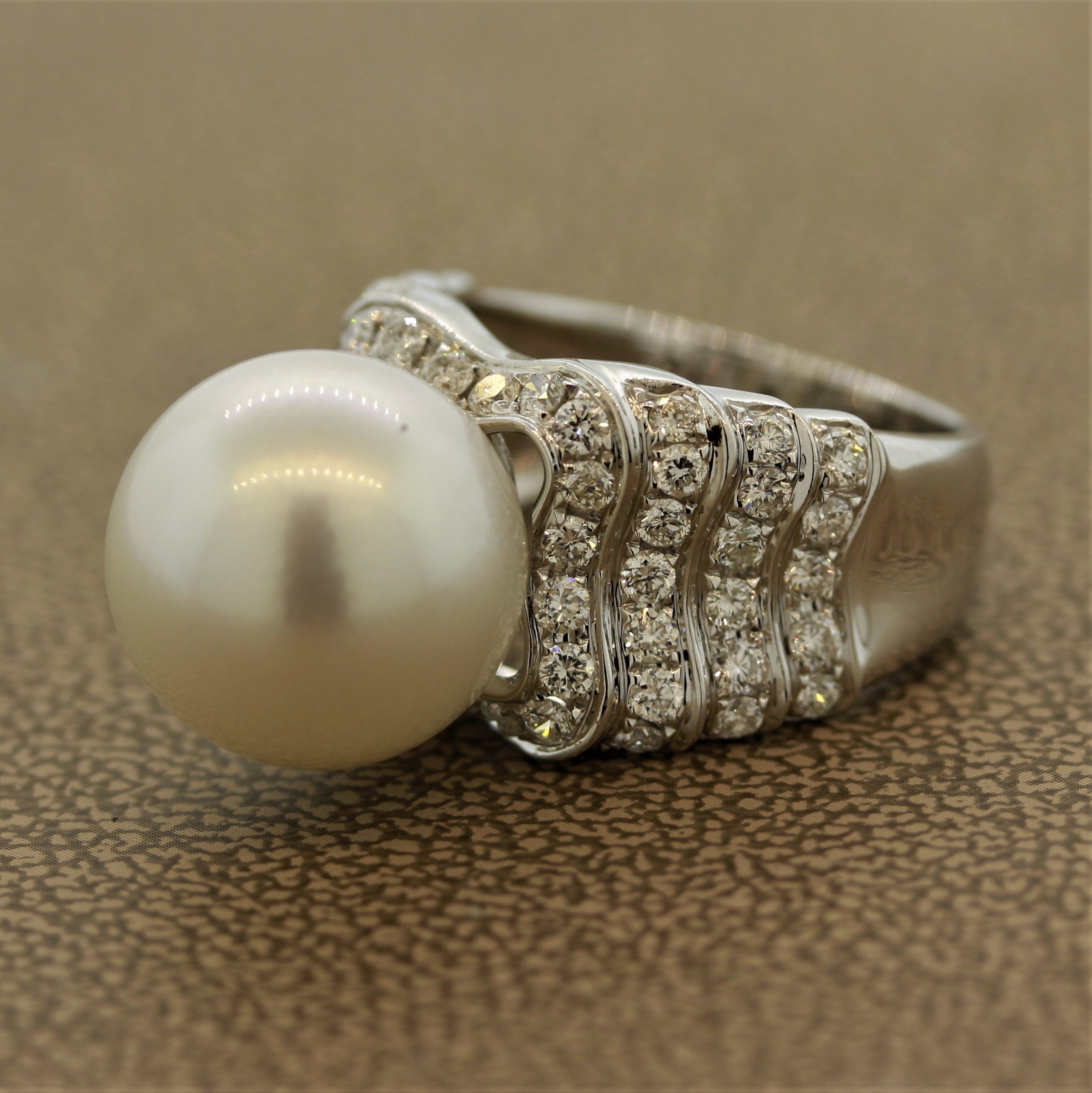 South Sea Pearl Half Circle Diamond Gold Ring