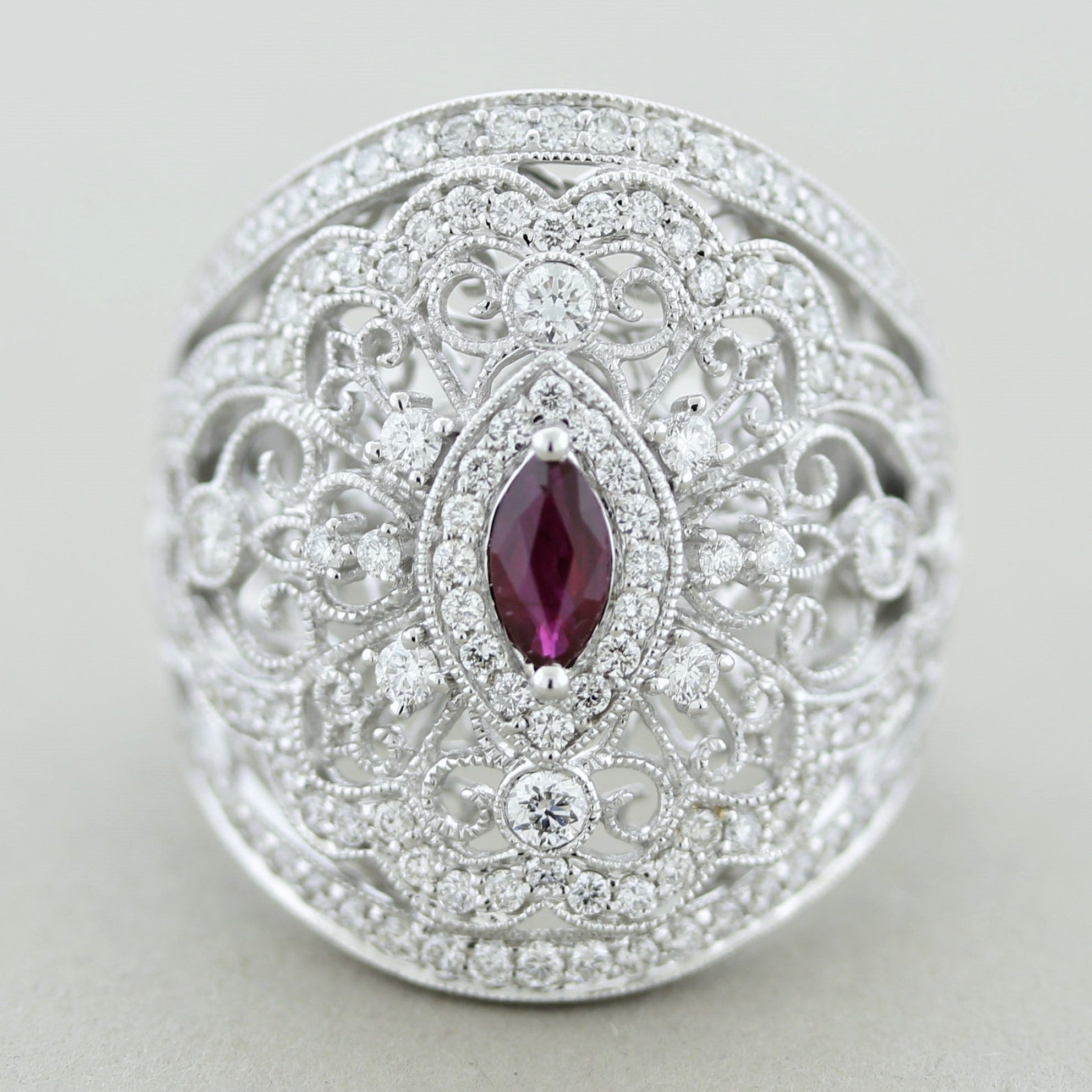 Antique Style Diamond Ruby Wide Band Ring
